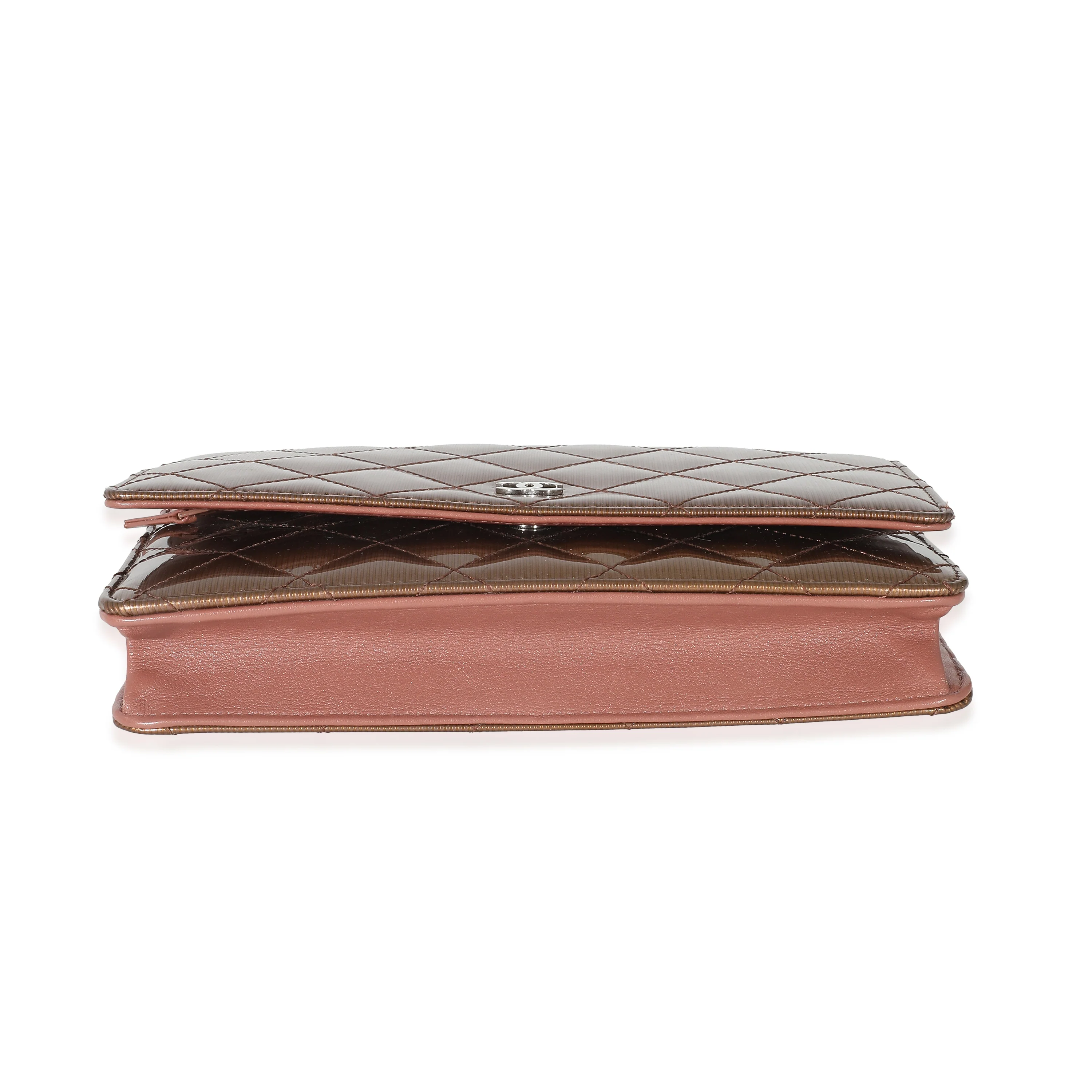 Chanel Bronze Metallic Quilted Patent Striated Wallet On Chain - Image 5