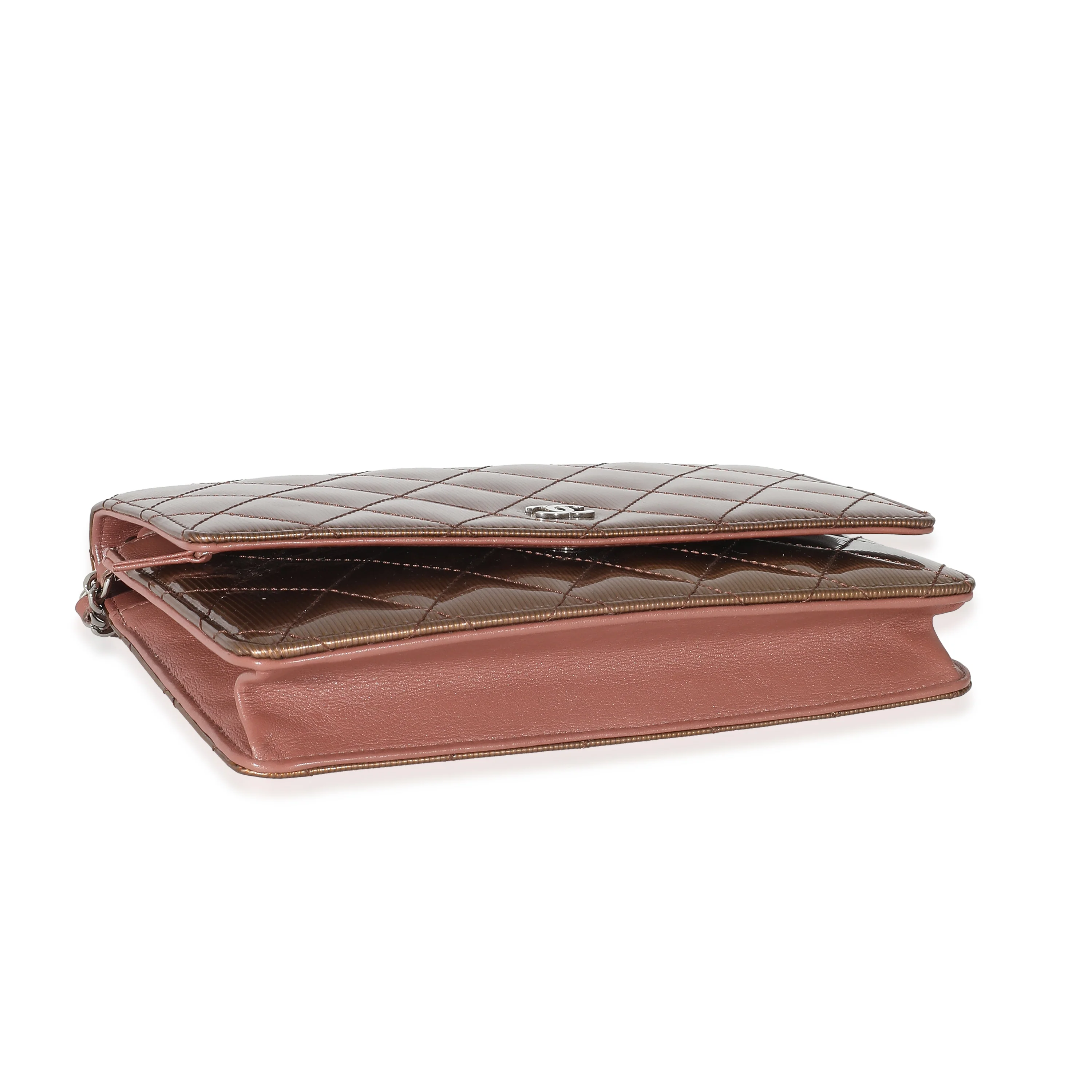 Chanel Bronze Metallic Quilted Patent Striated Wallet On Chain - Image 6