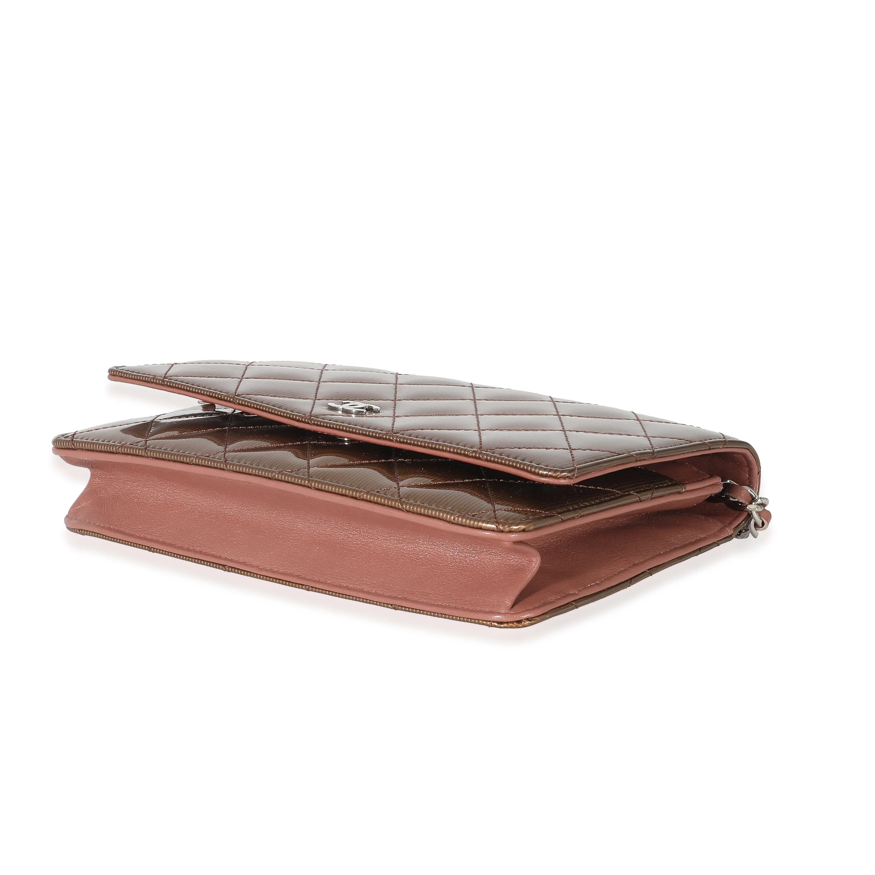 Chanel Bronze Metallic Quilted Patent Striated Wallet On Chain - Image 7