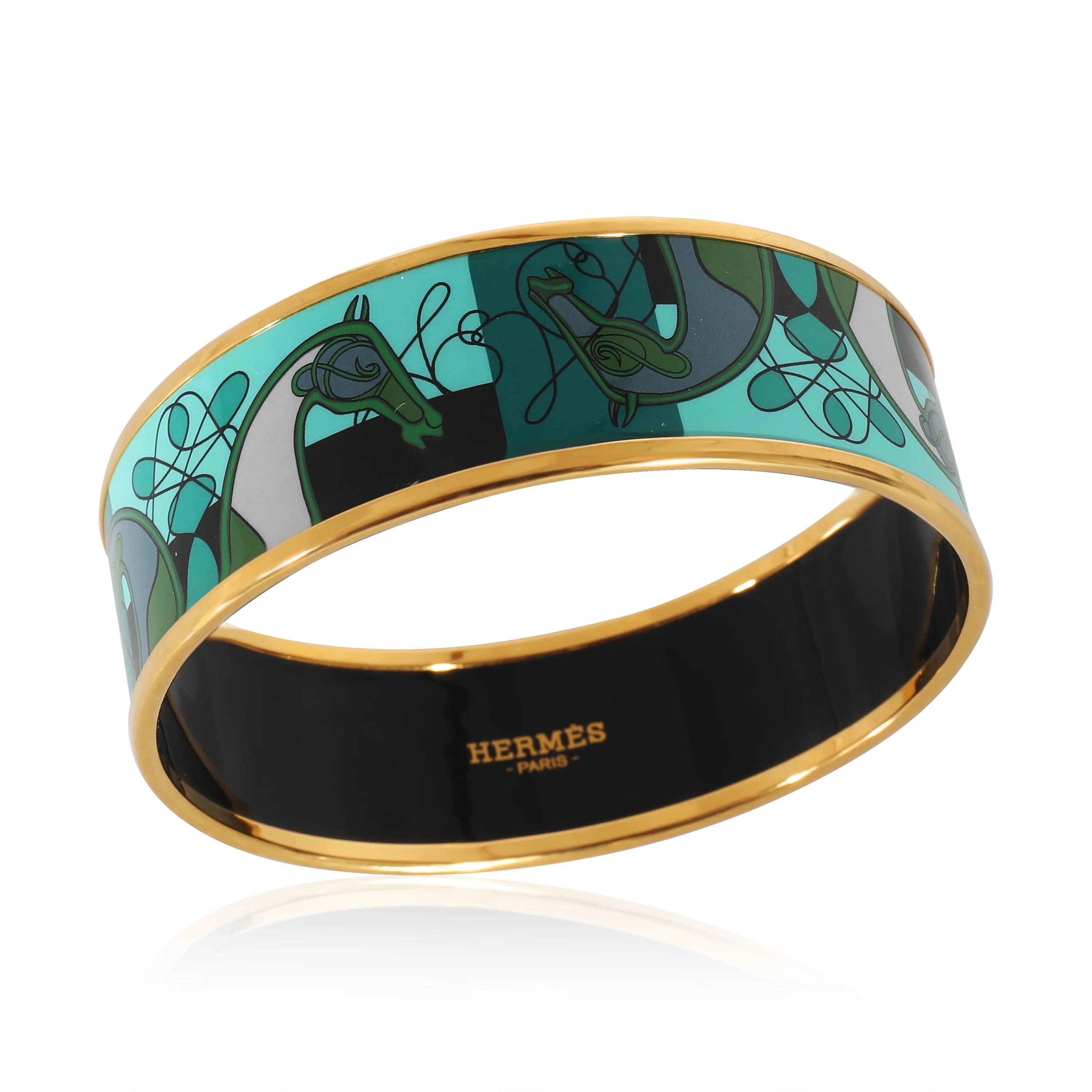 Hermès Gold Plated Wide Blue Green Horse Enamel Bracelet (62MM) - Image 2