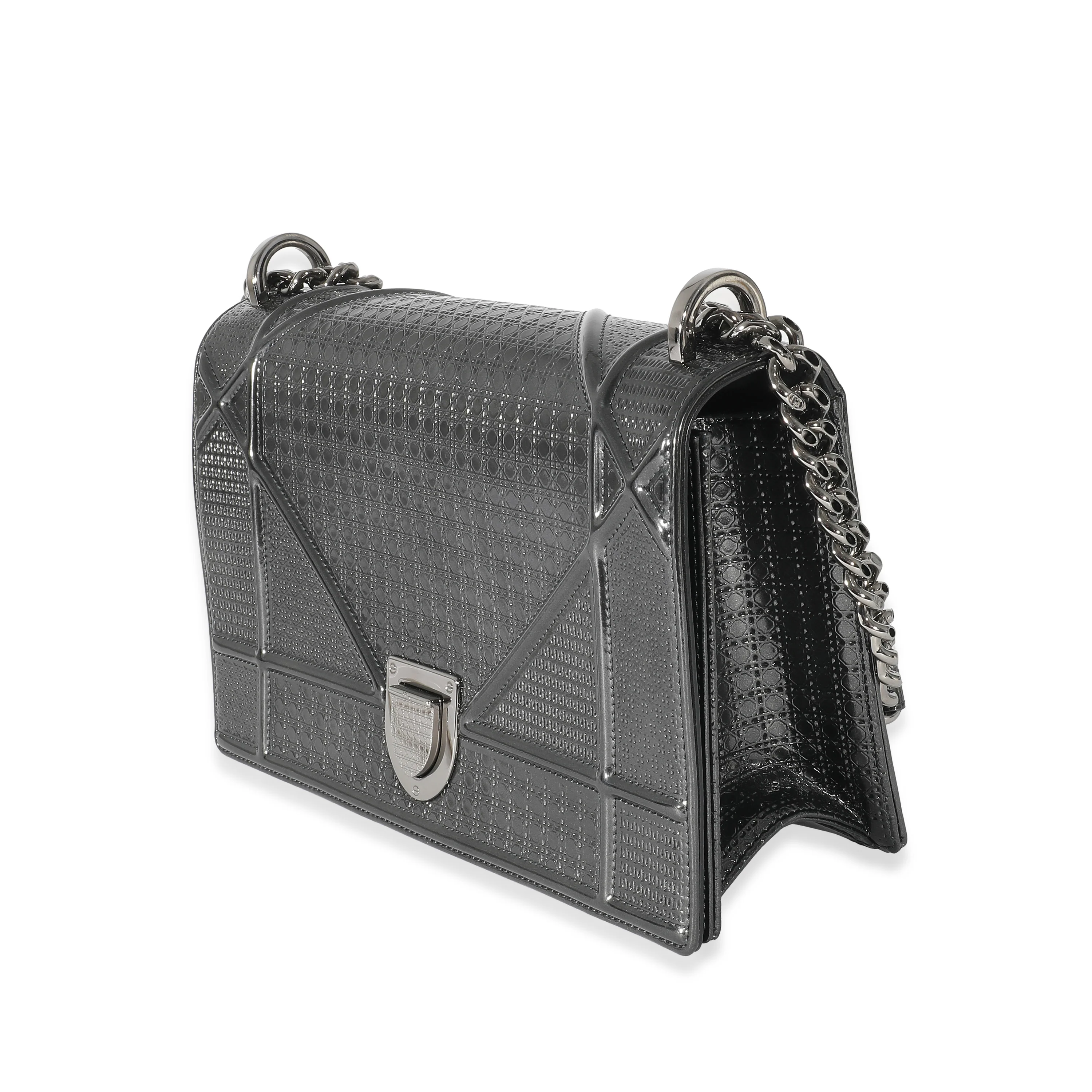 Christian Dior Metallic Black Patent Micro Cannage Medium Diorama Flap Bag - Image 2