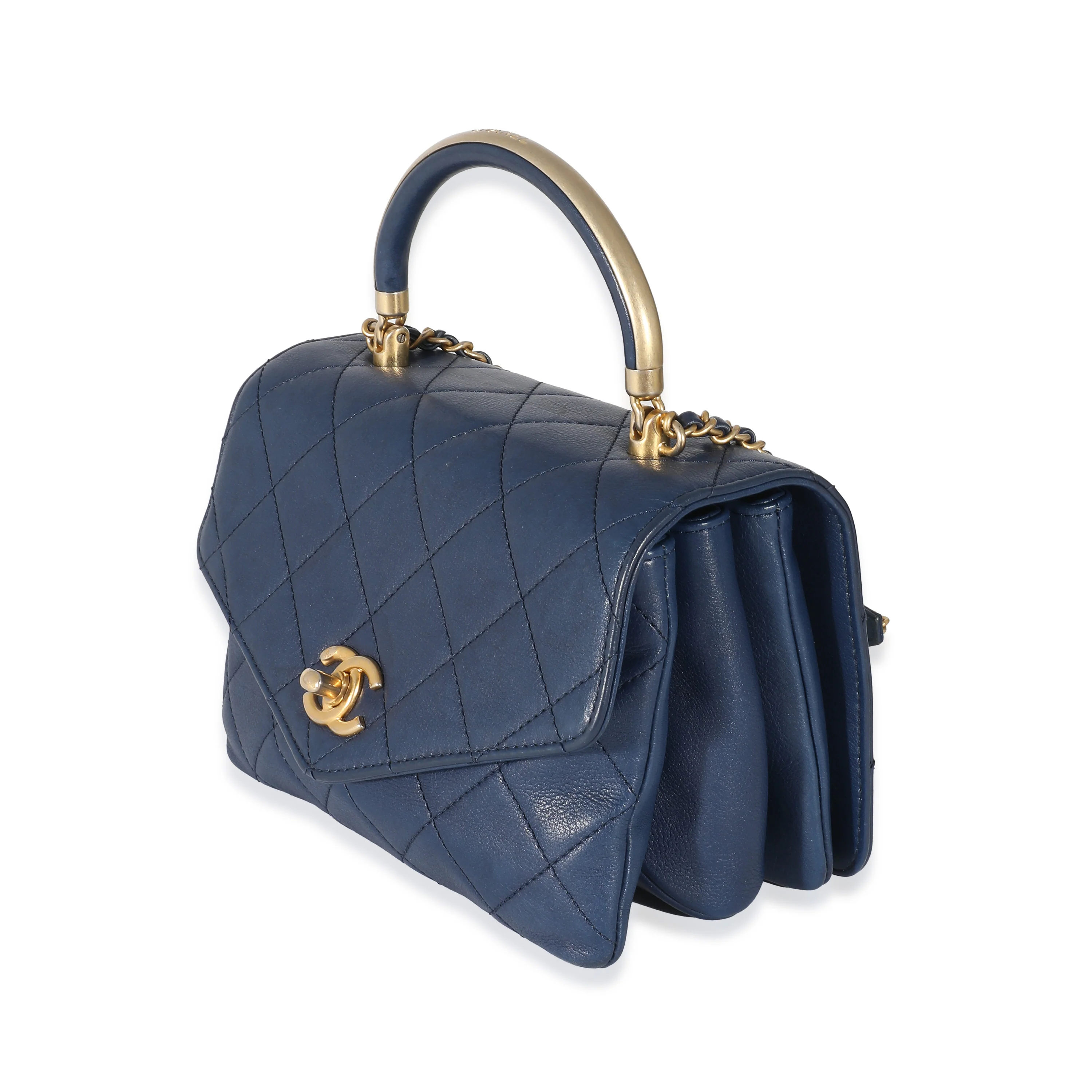 Chanel Blue Quilted Calfskin Small Metal Gold Top Handle Bag - Image 2
