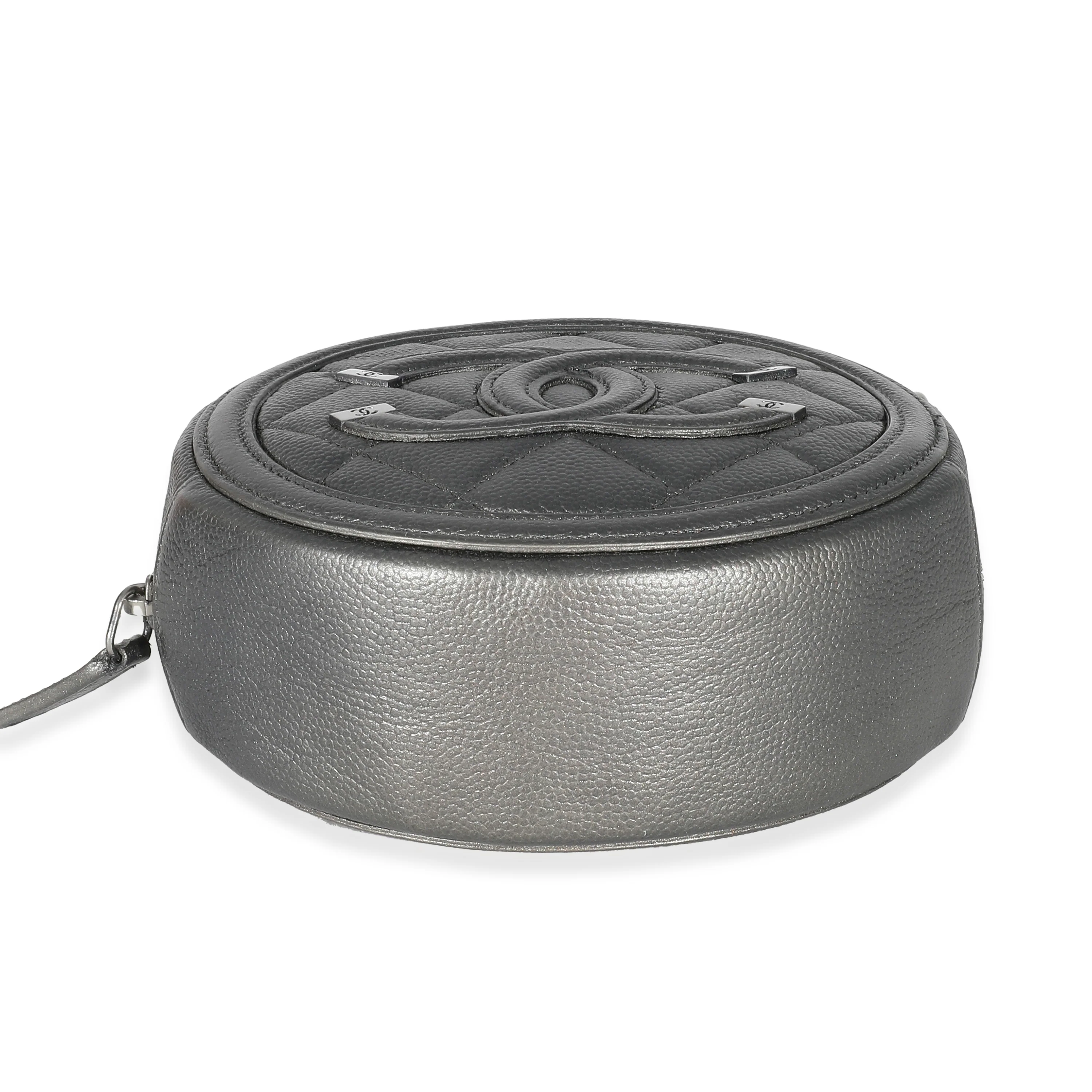 Chanel Grey Metallic Quilted Caviar Round Filigree Clutch - Image 6