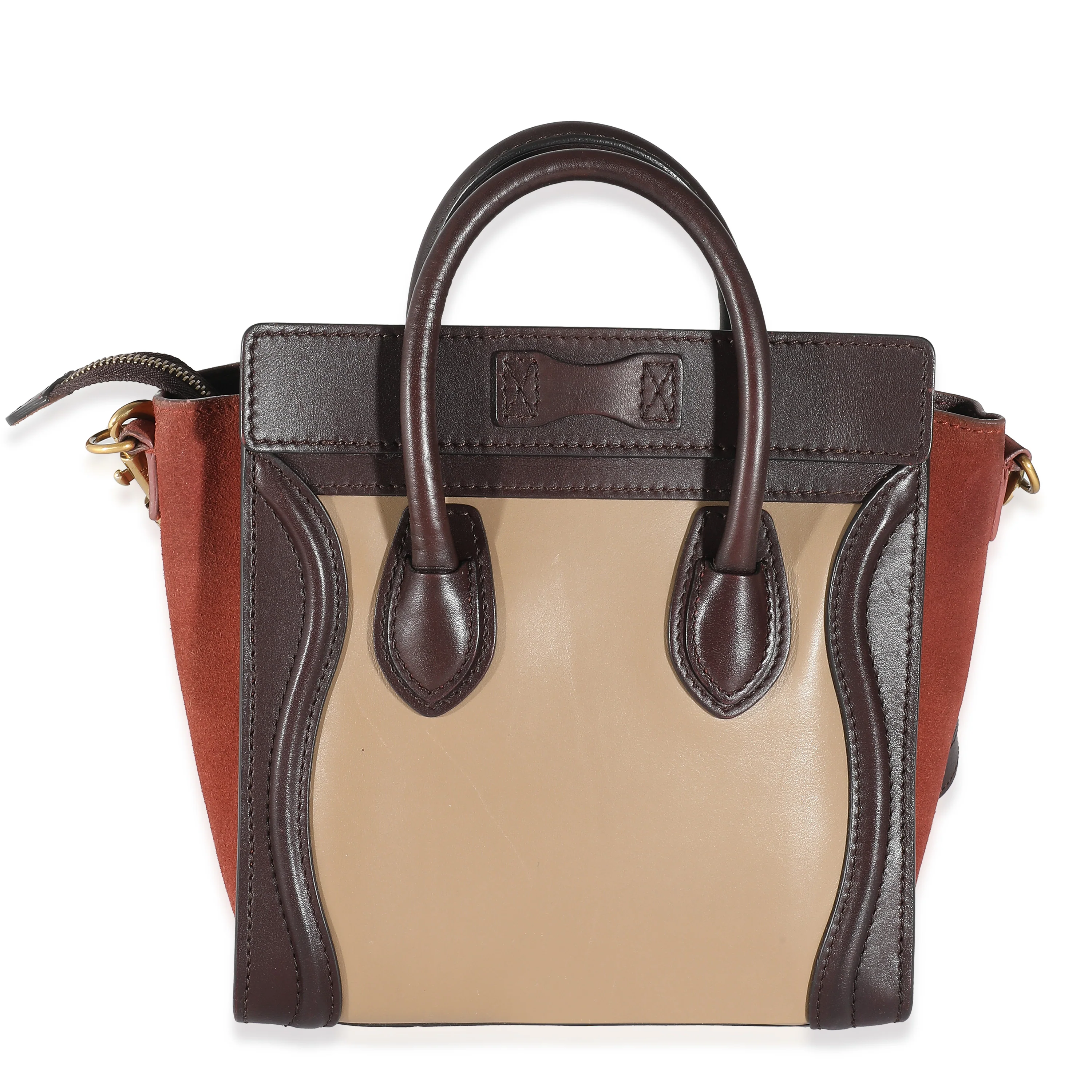 Celine Burgundy Beige Brown Tri-Colour Suede Leather Nano Luggage - Image 3
