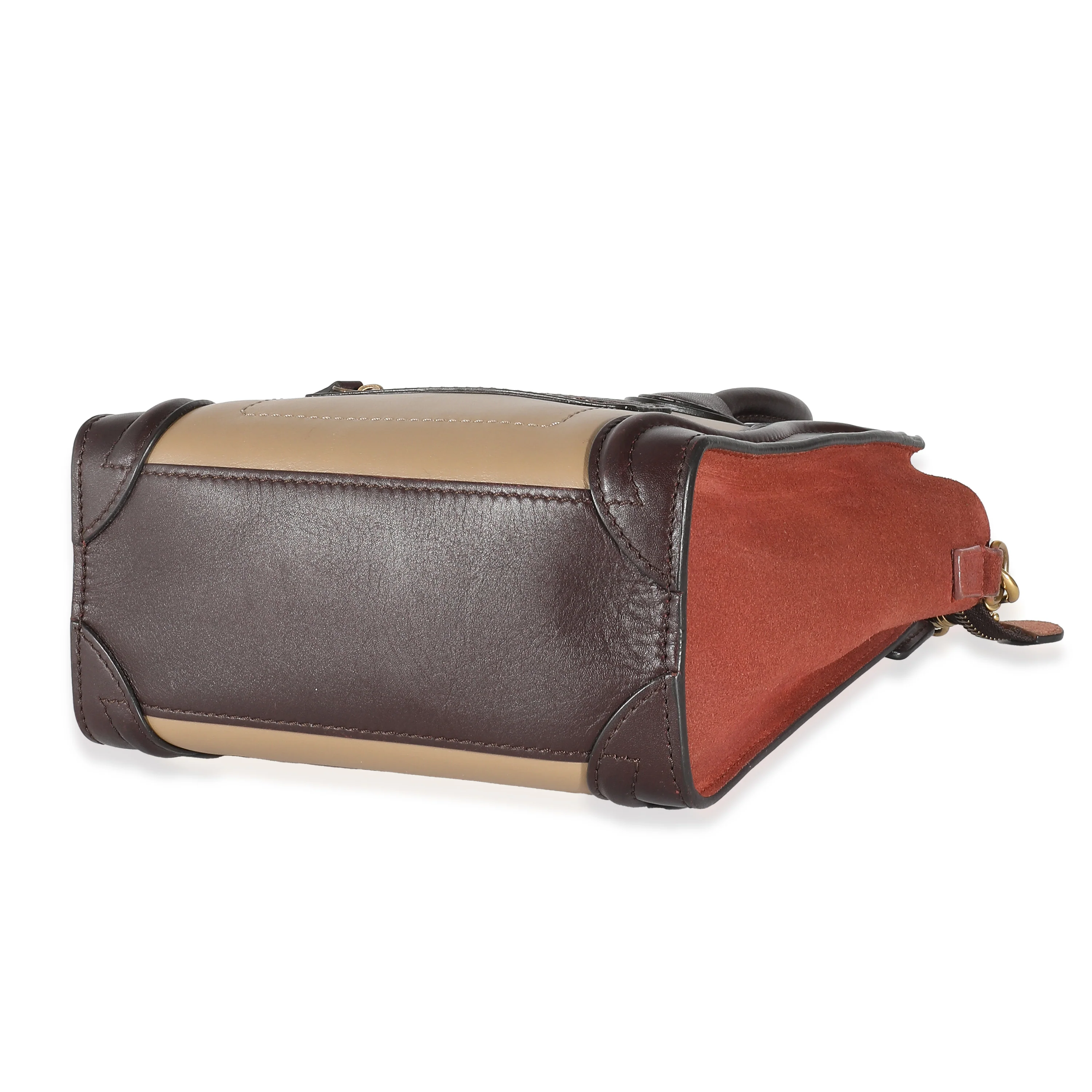 Celine Burgundy Beige Brown Tri-Colour Suede Leather Nano Luggage - Image 7