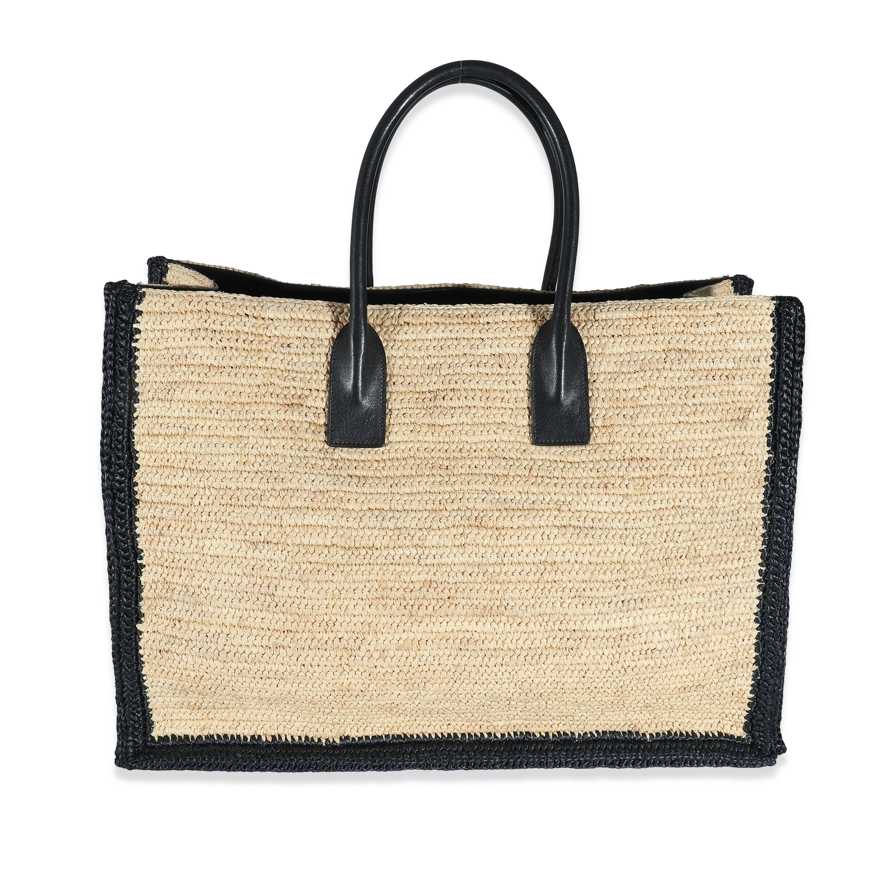 Saint Laurent Beige Natural Raffia Black Leather Rive Gauche Tote - Image 3