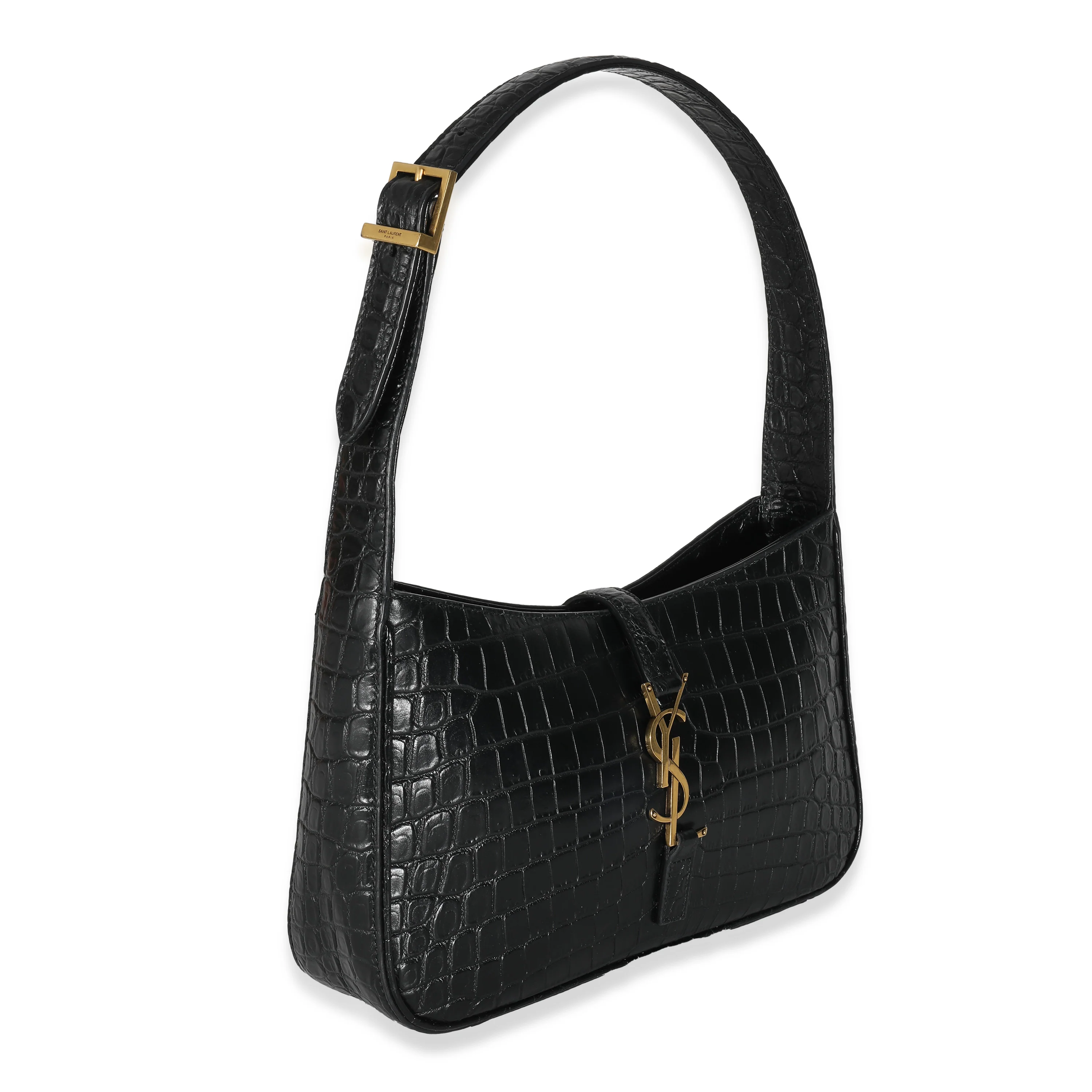 Saint Laurent Black Crocodile Embossed Calfskin Le 5 a 7 Hobo - Image 7