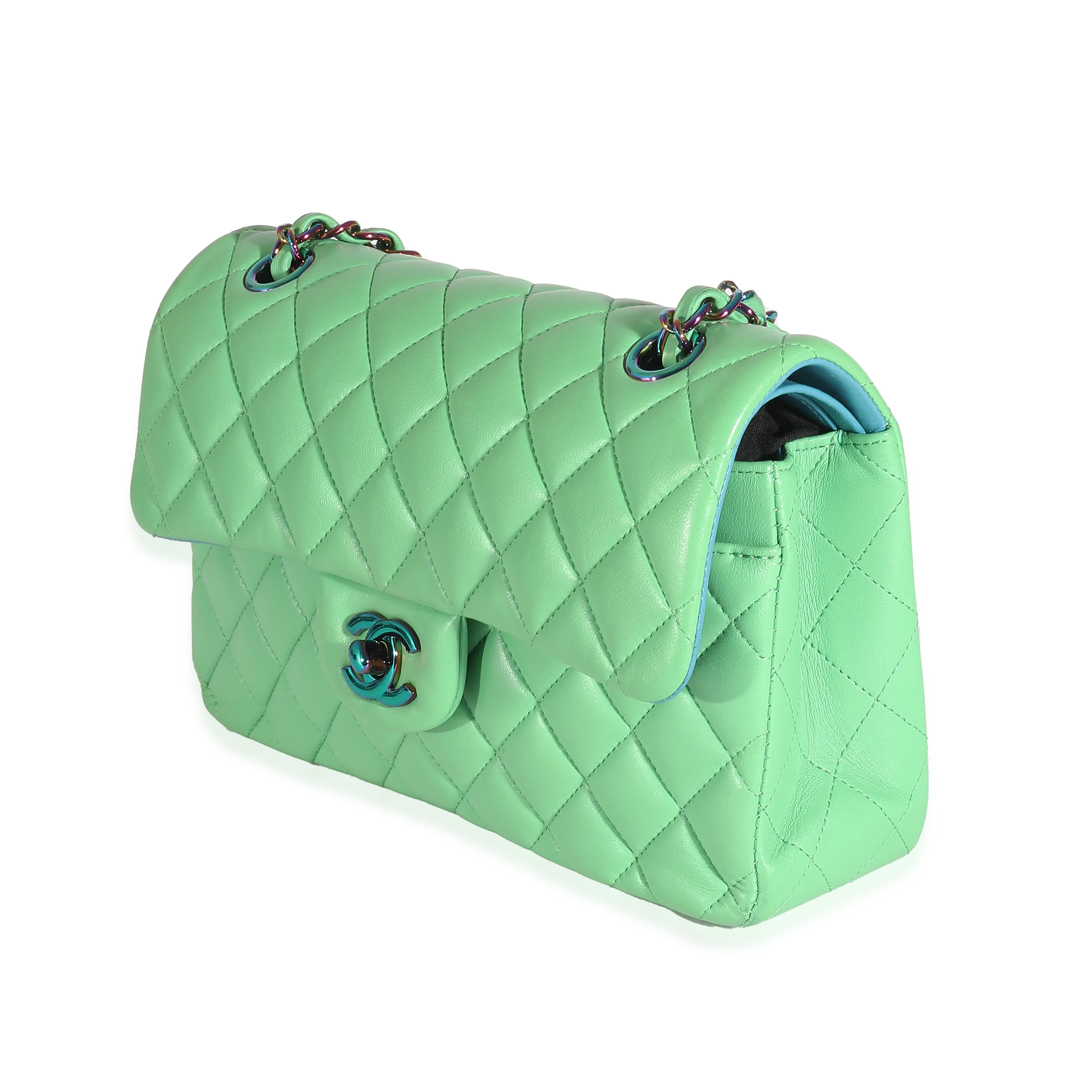 Green Quilted Lambskin Rainbow Small Classic Double Flap Bag - Image 2