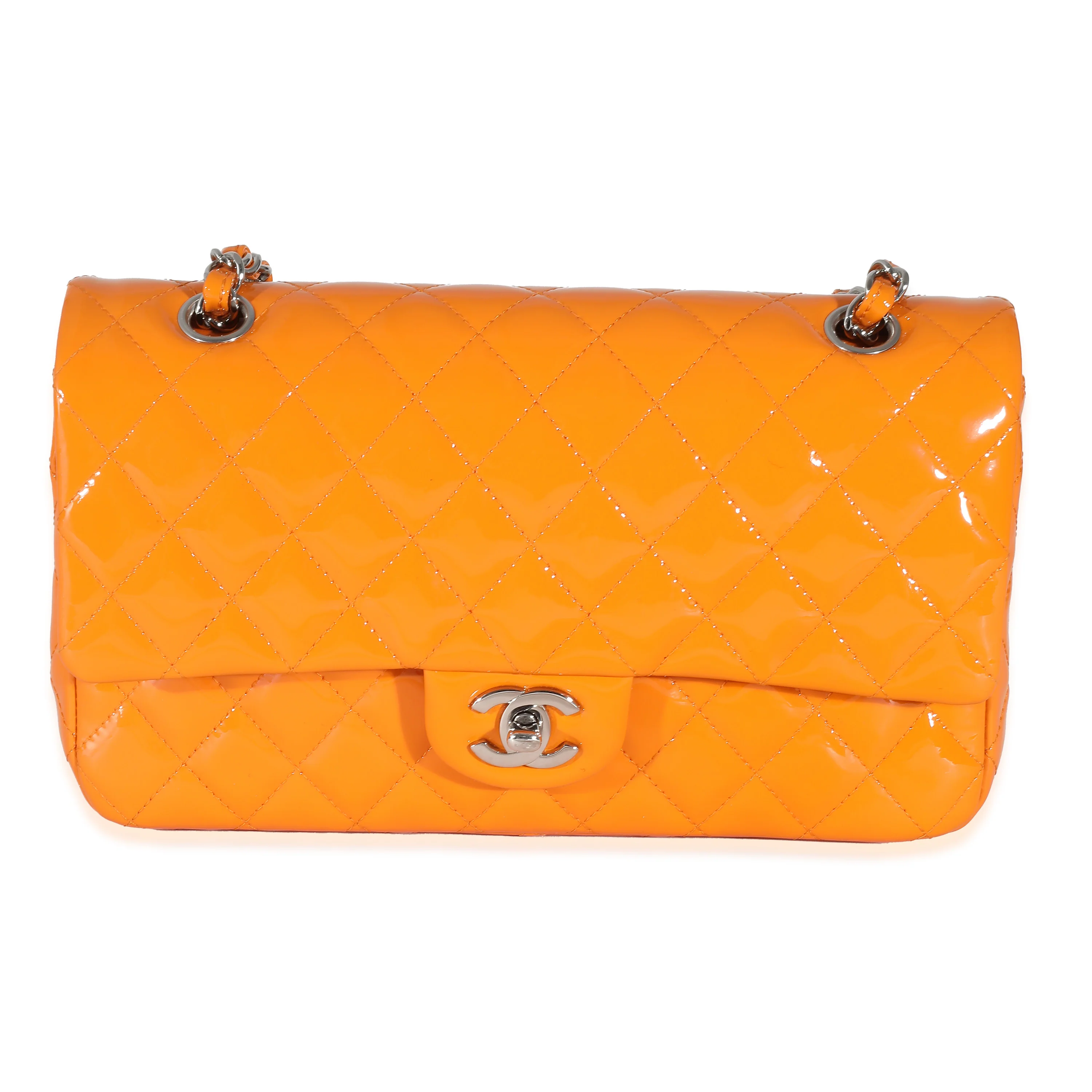 Orange Quilted Patent Medium Classic Double Flap Bag