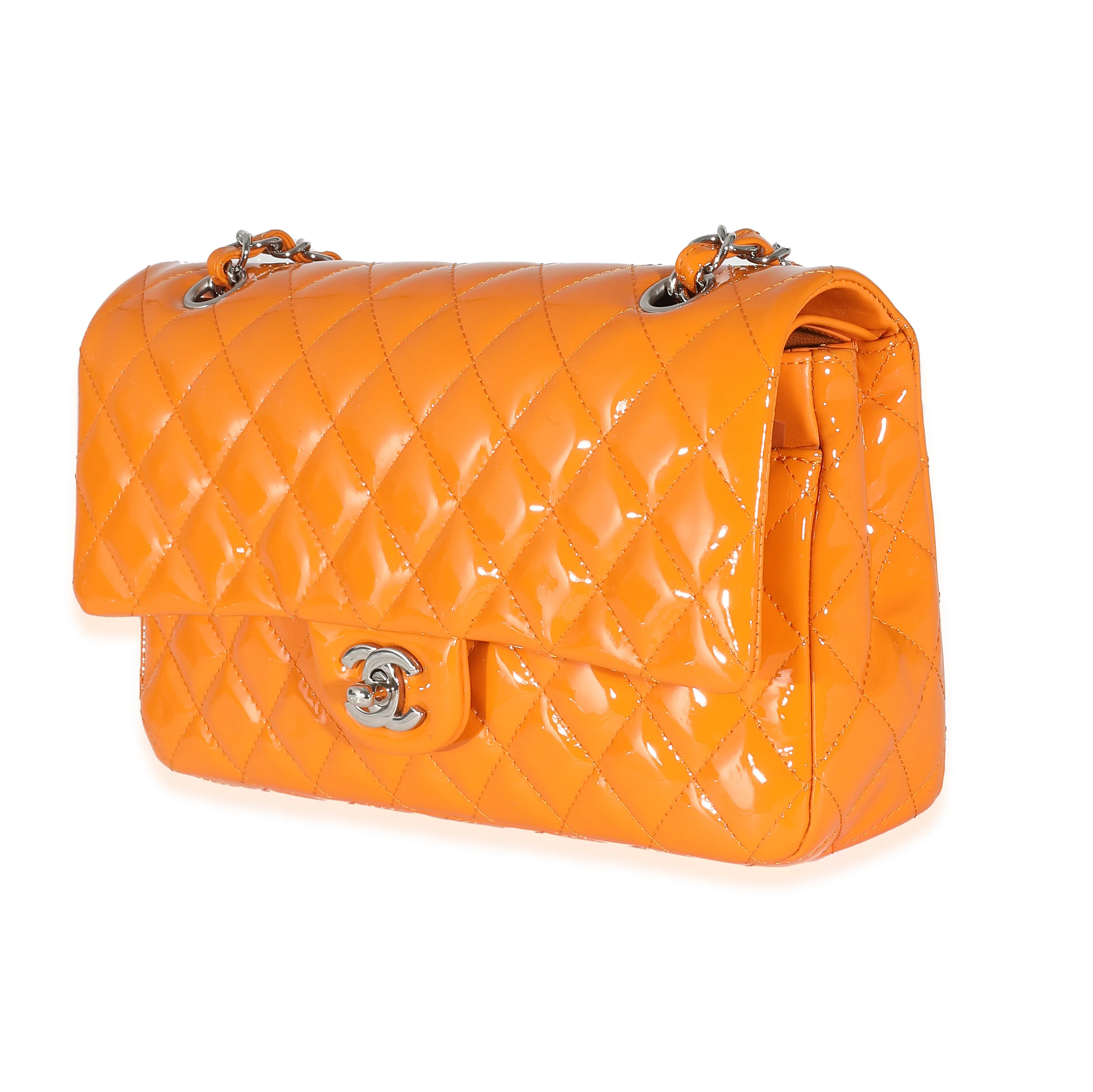 Orange Quilted Patent Medium Classic Double Flap Bag - Image 2