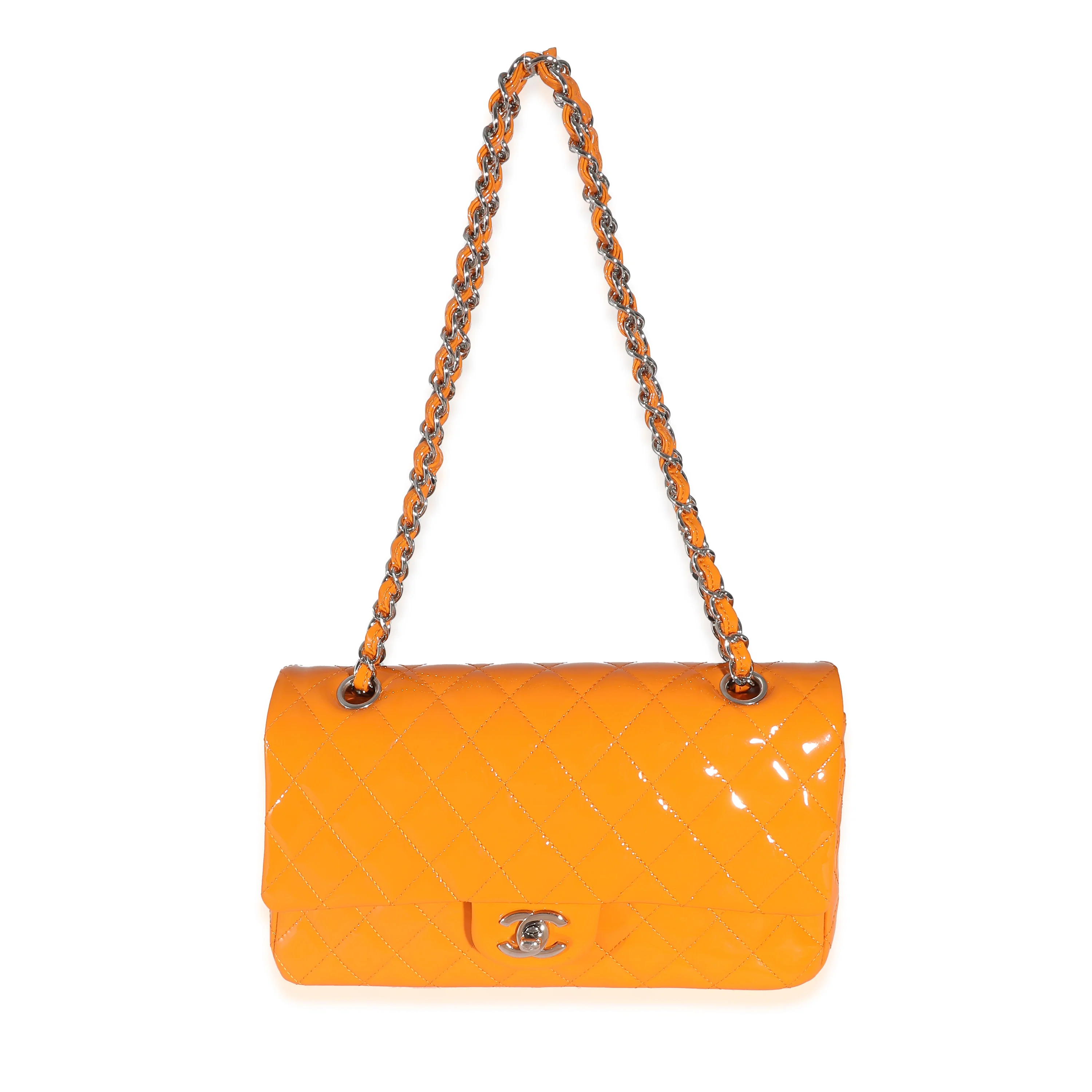 Orange Quilted Patent Medium Classic Double Flap Bag - Image 8