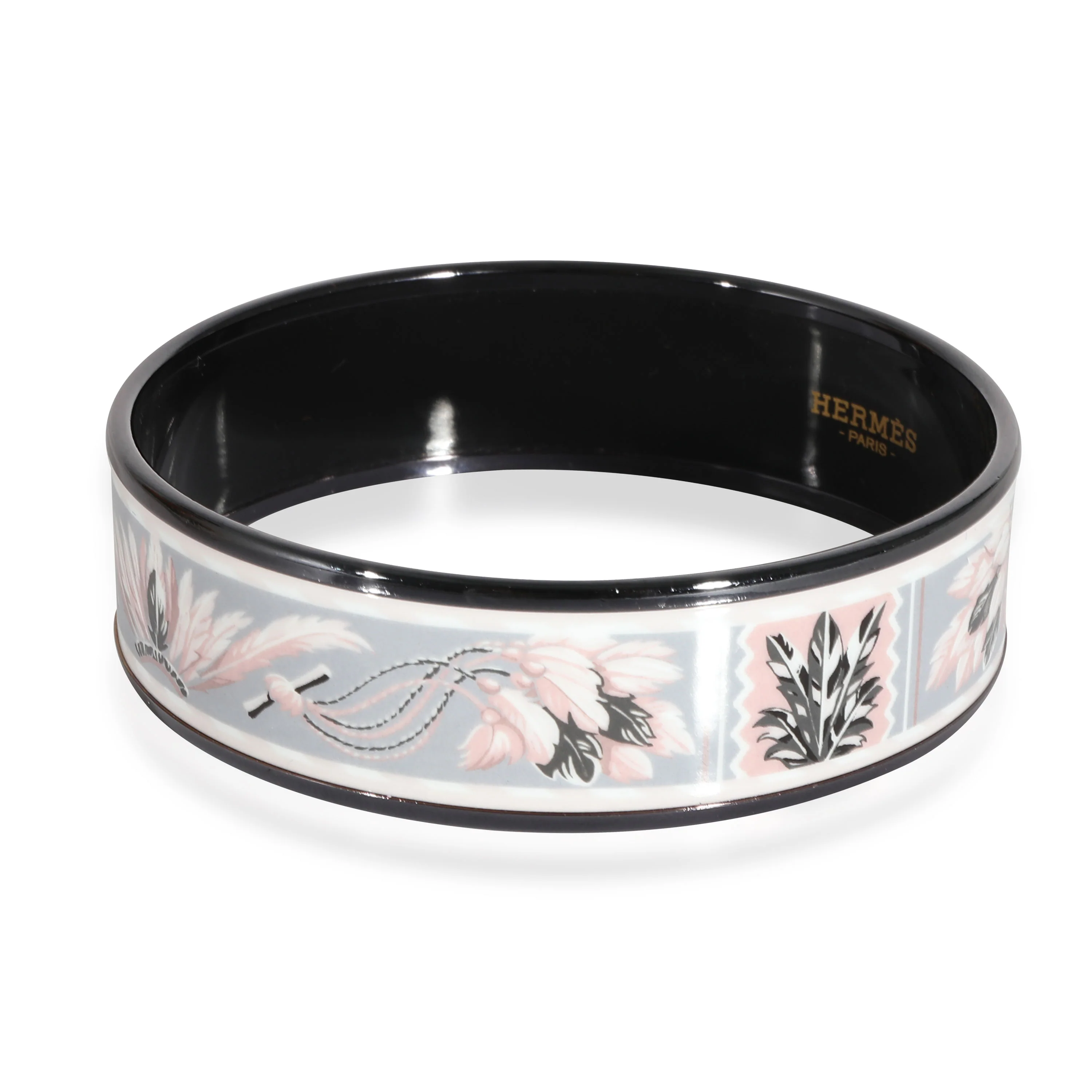 Hermès White Enamel Brazil Feathers Black Wide Bangle 62 - Image 2