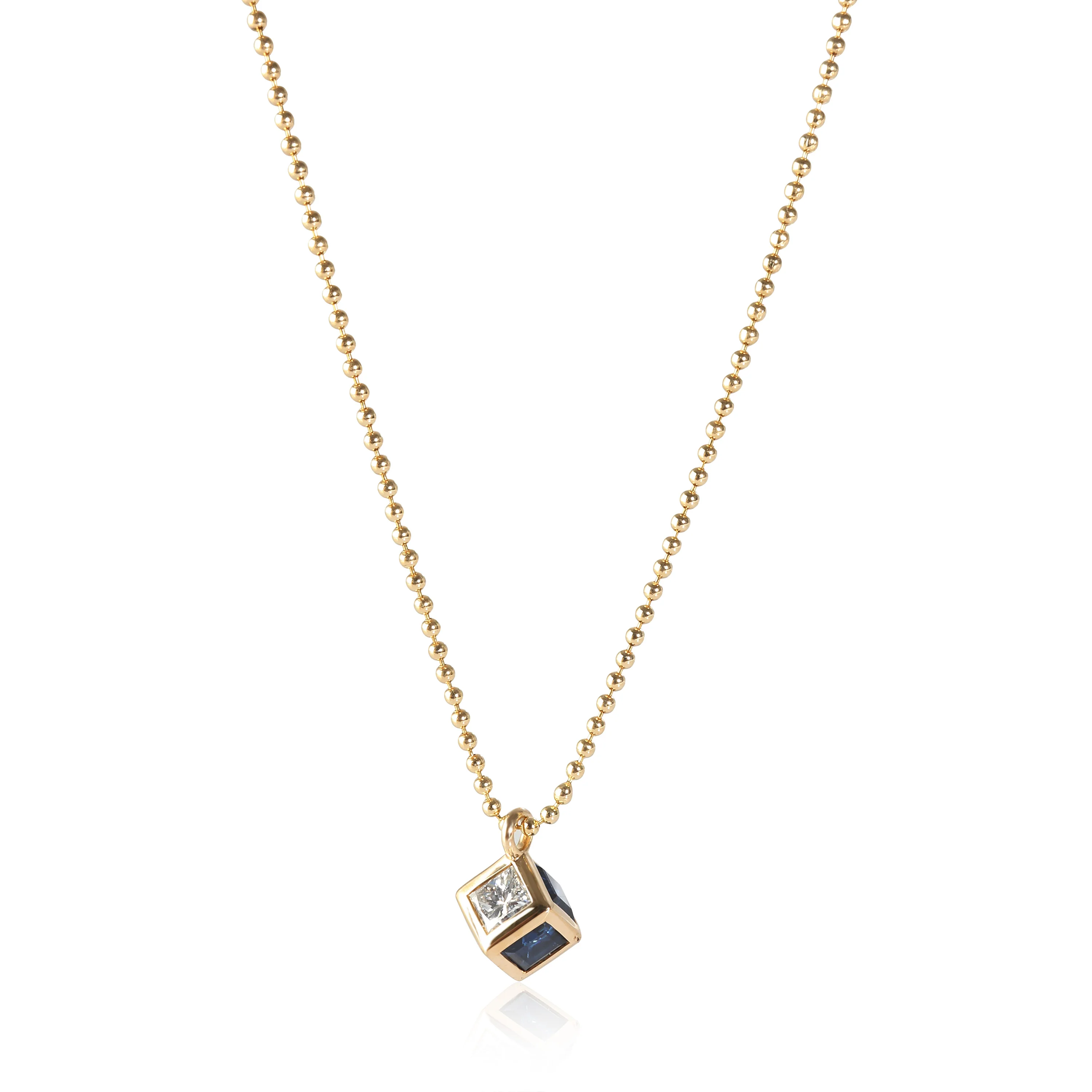 Sapphire & Diamond Cube Pendant in 18K Yellow Gold