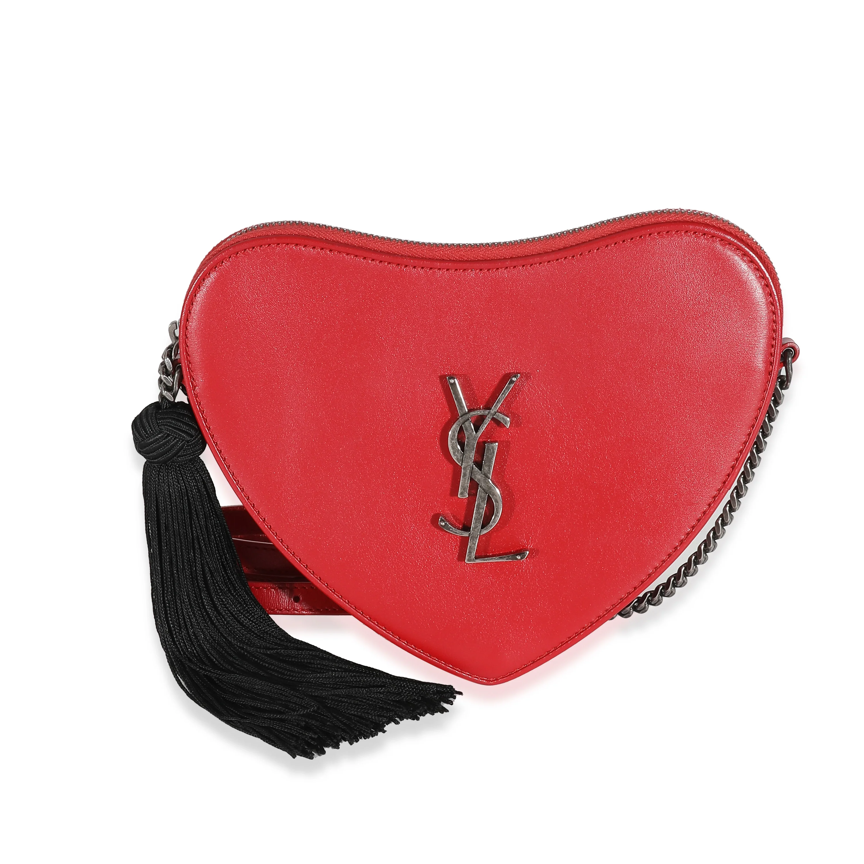 Saint Laurent Red Smooth Calfskin Heart Monogram Tassel Bag