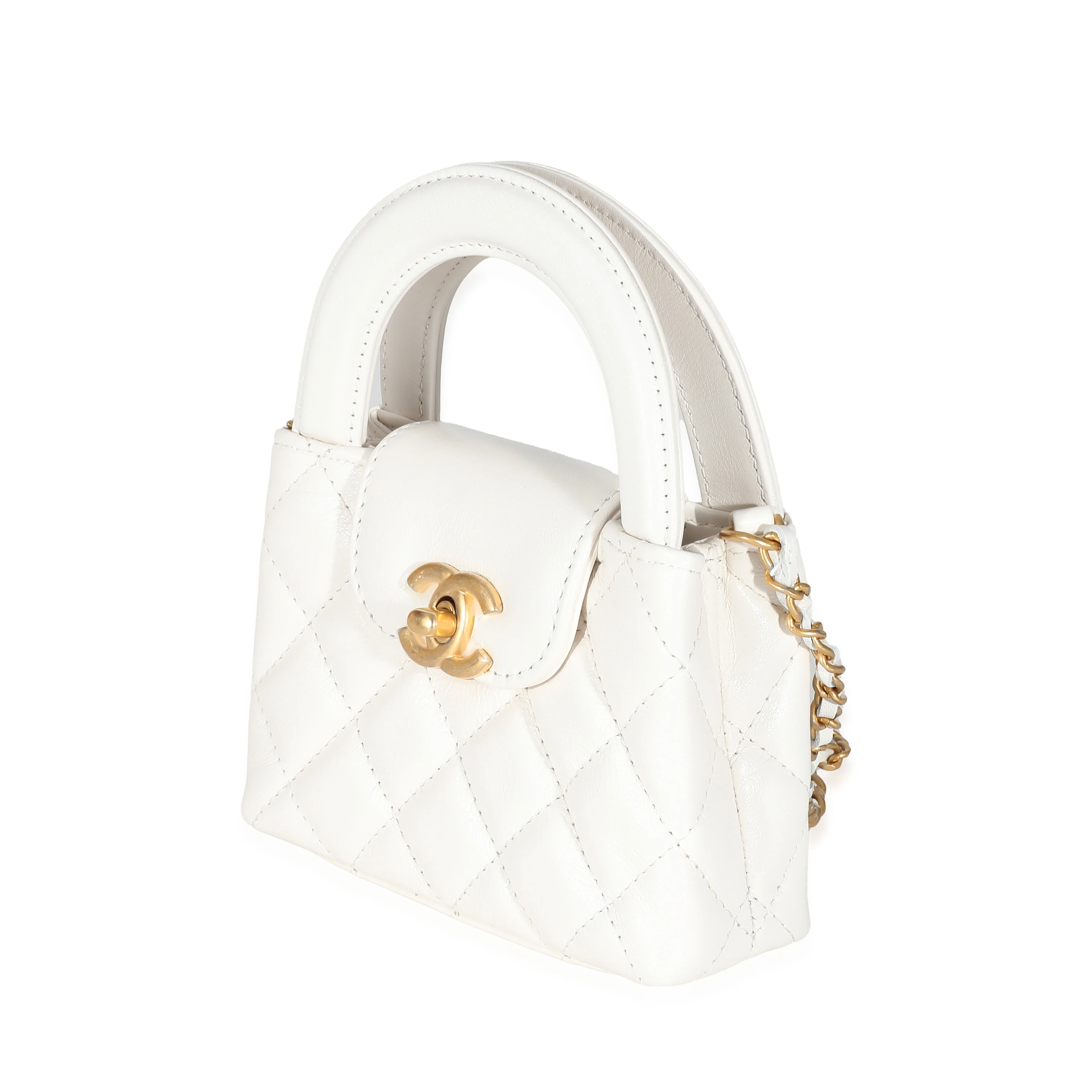 Chanel White Quilted Shiny Aged Calfskin Mini Nano Kelly Shopper - Image 2