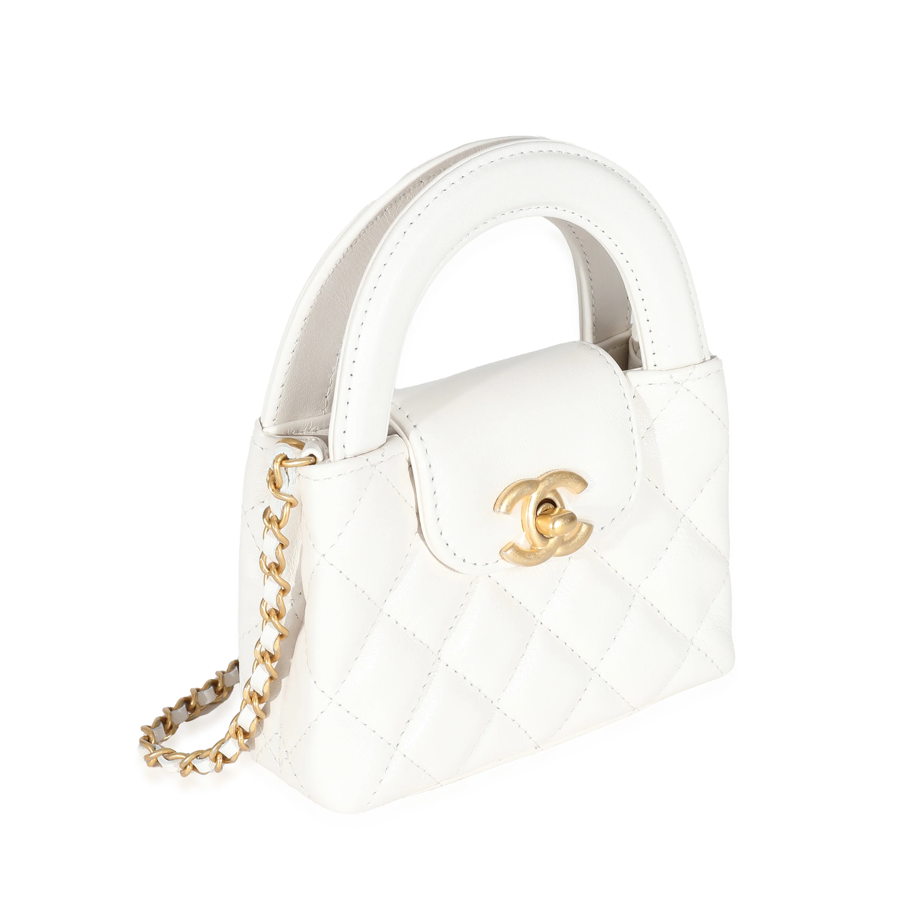Chanel White Quilted Shiny Aged Calfskin Mini Nano Kelly Shopper - Image 3