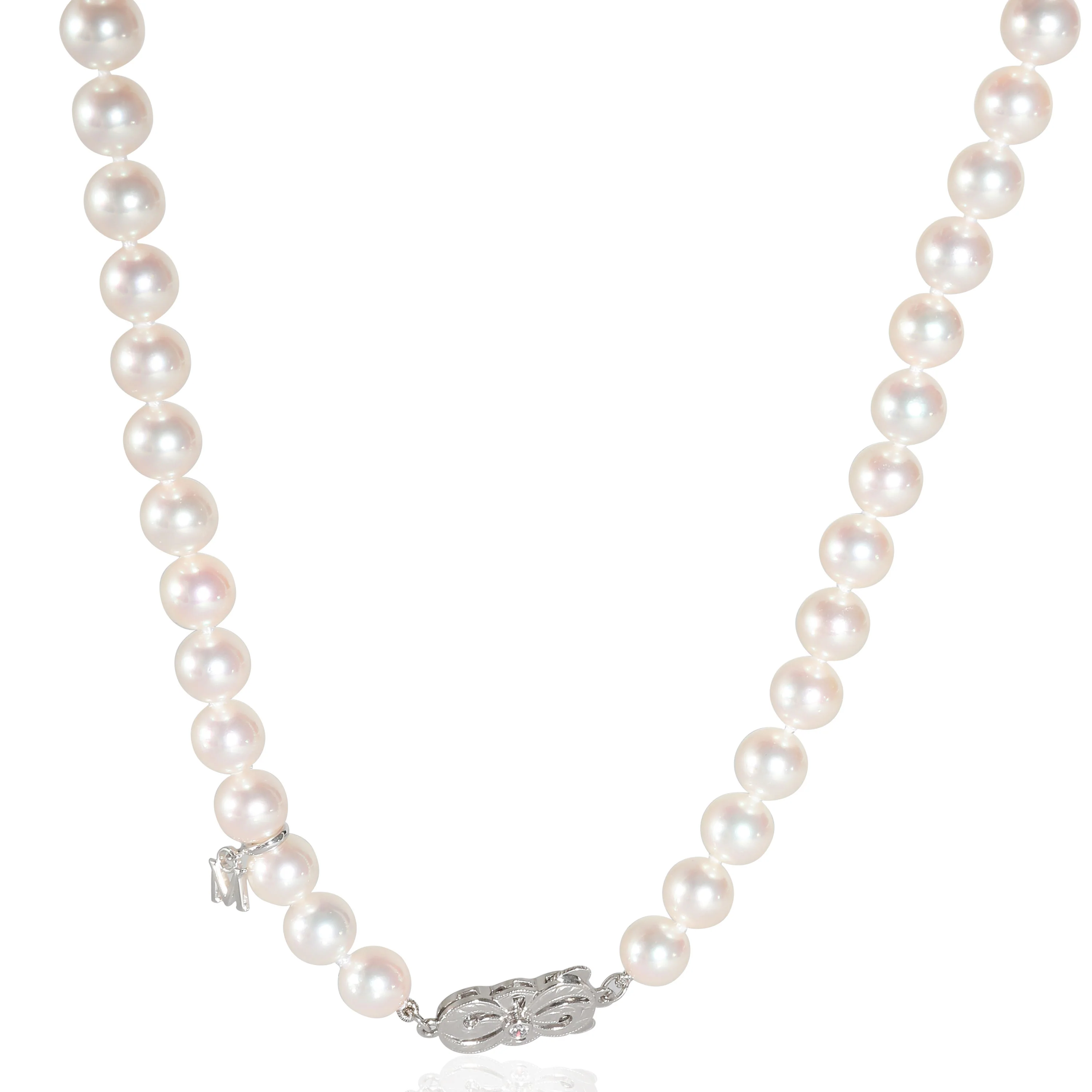 White Gold Akoya Graduated Pearl Strand Necklace With Diamond Rondelles