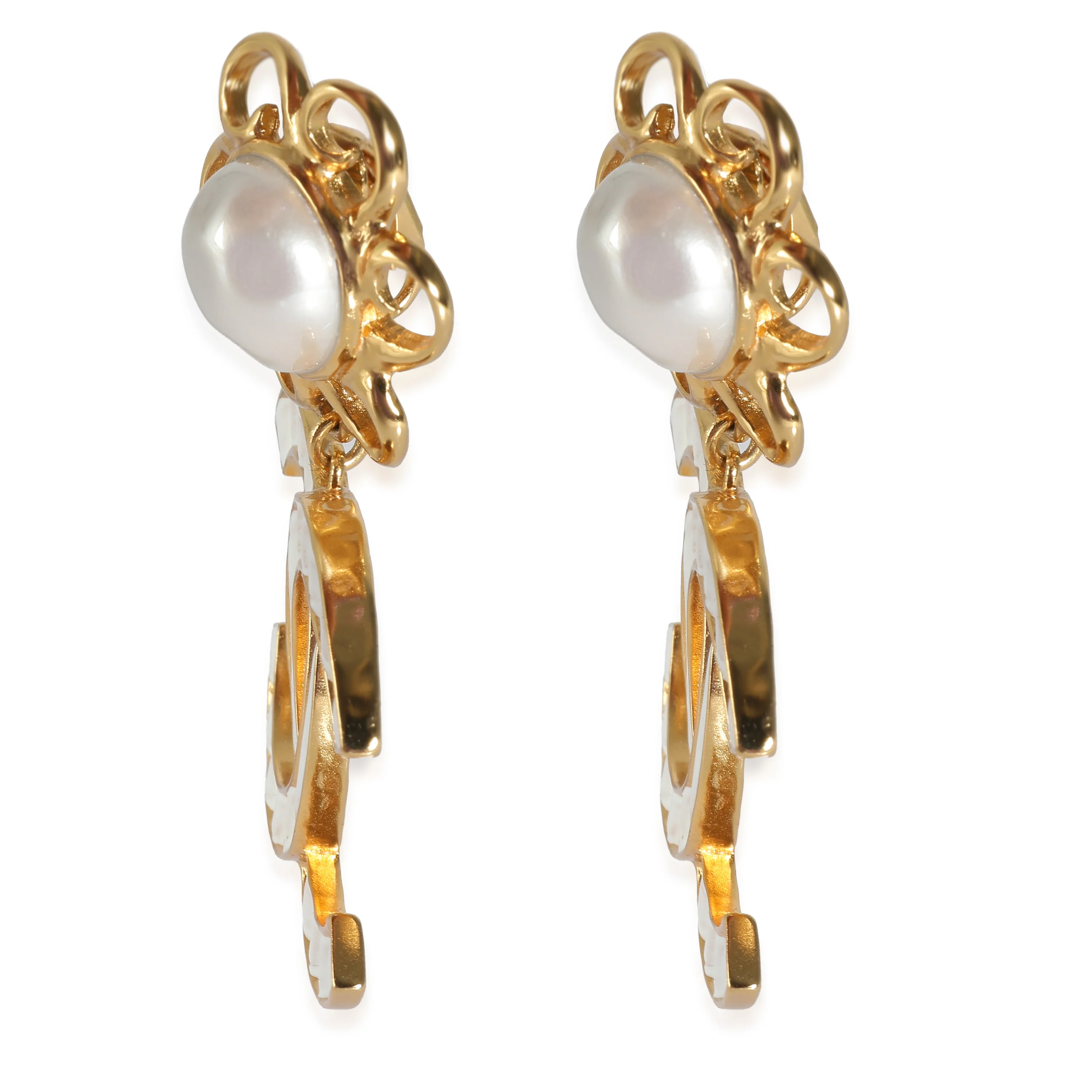 CC Dangle Earrings with Faux Pearls & White Enamel I 23 C - Image 2