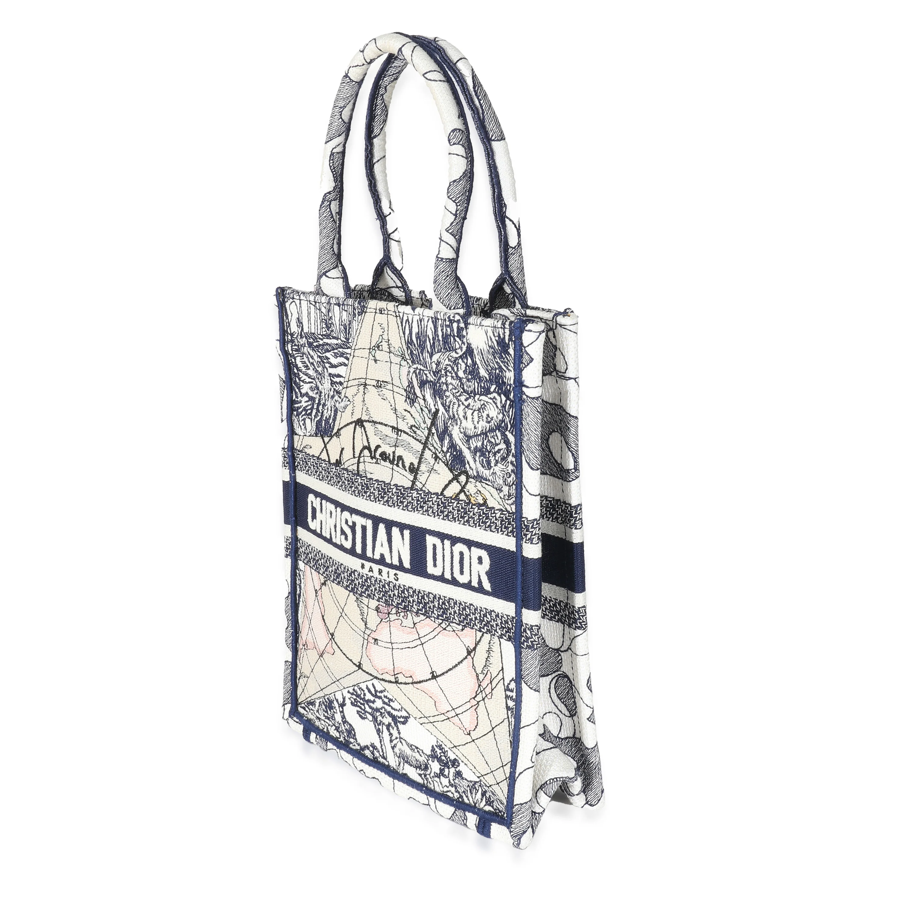 Blue White Embroidered Canvas Vertical Book Tote - Image 2