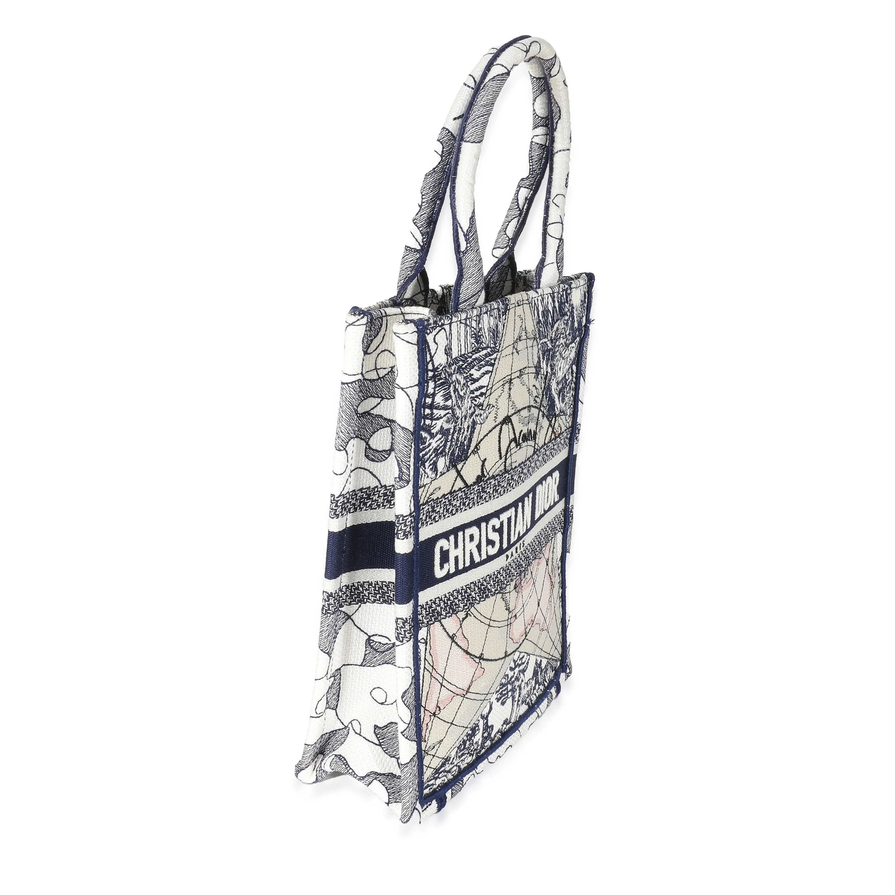 Blue White Embroidered Canvas Vertical Book Tote - Image 3