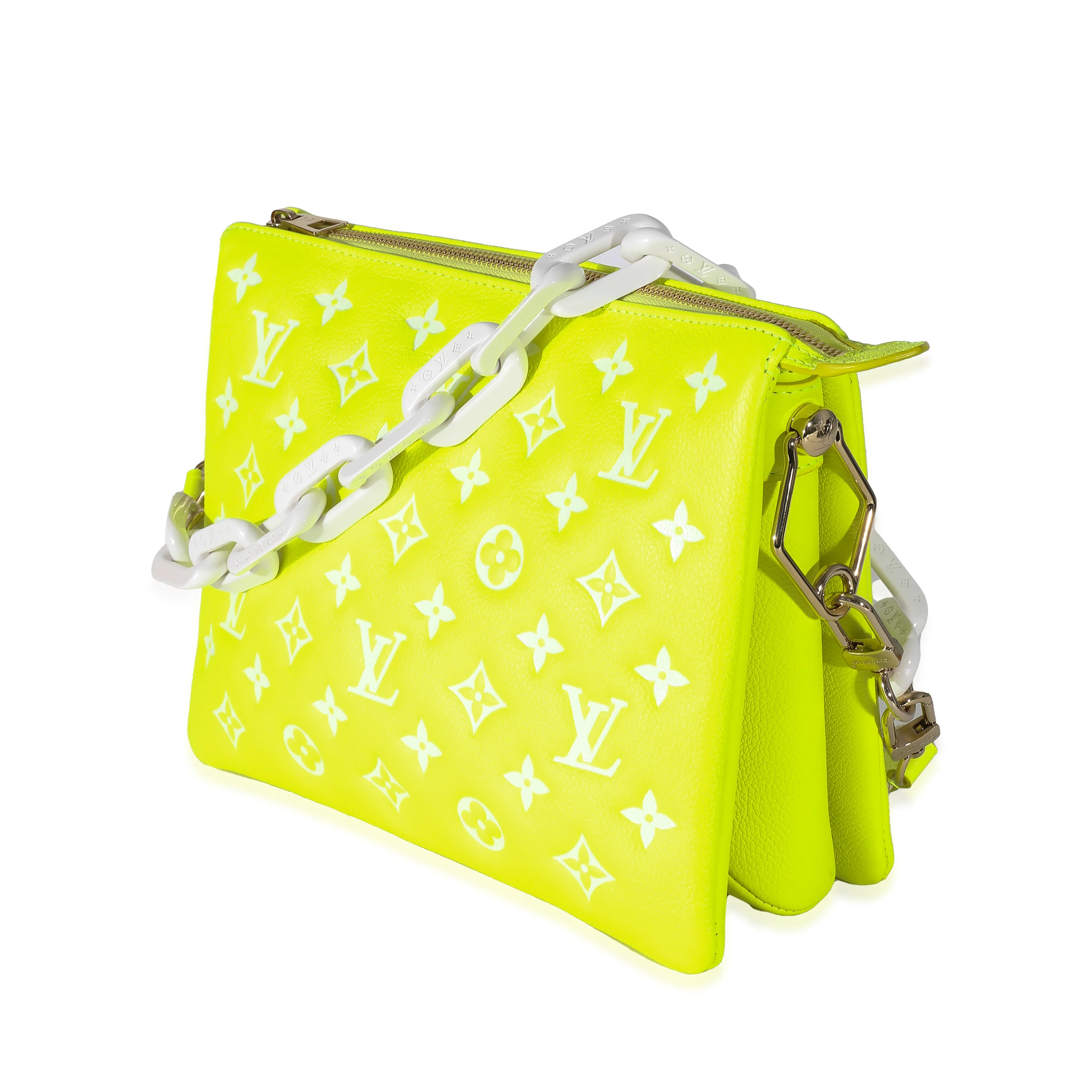Louis Vuitton Fluorescent Yellow Calfskin Embossed Monogram LV Match Coussin PM - Image 3