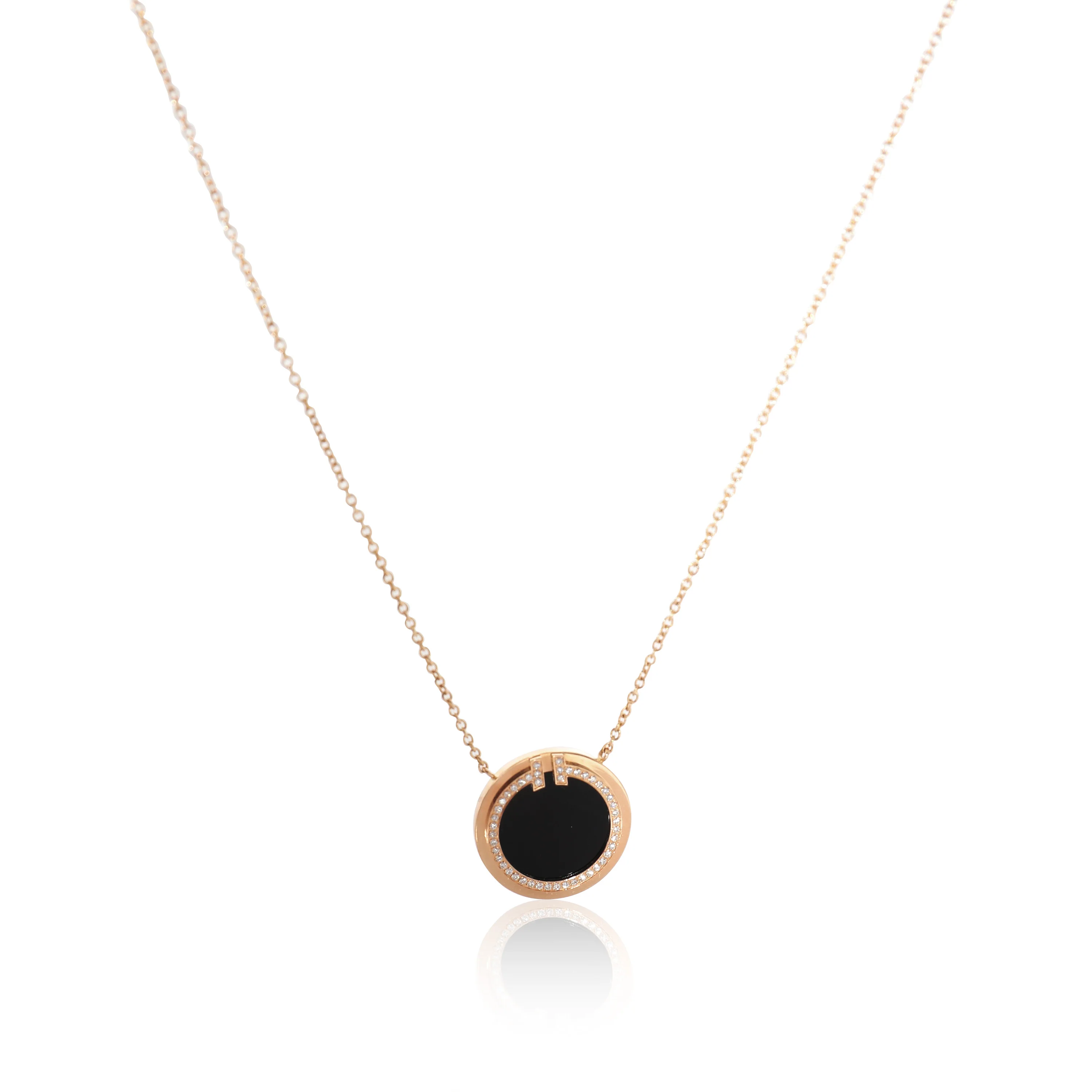 T Black Onyx & Diamond Circle Pendant in 18K Rose Gold 0.05 CTW