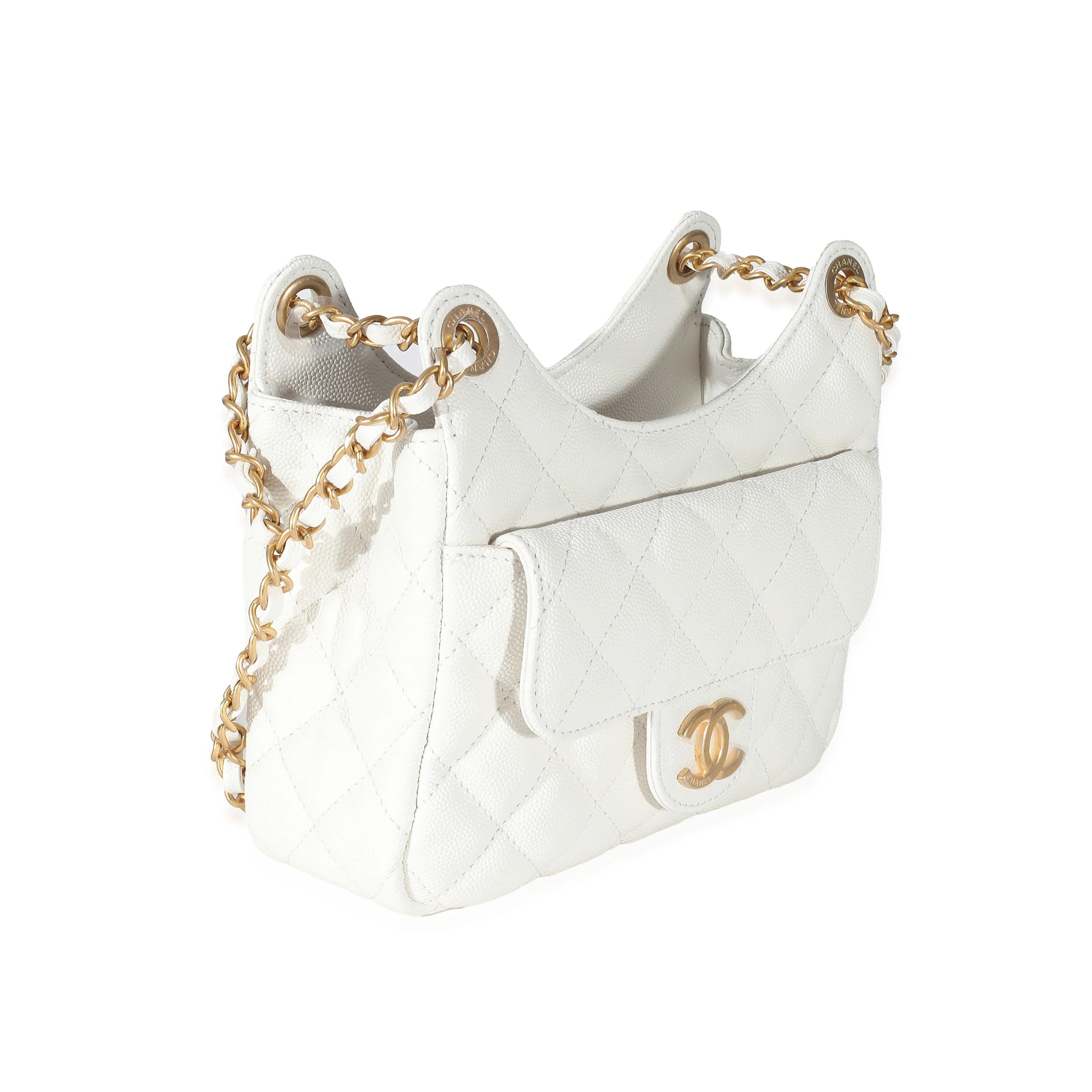 White Quilted Caviar Small Wavy CC Hobo - Image 3