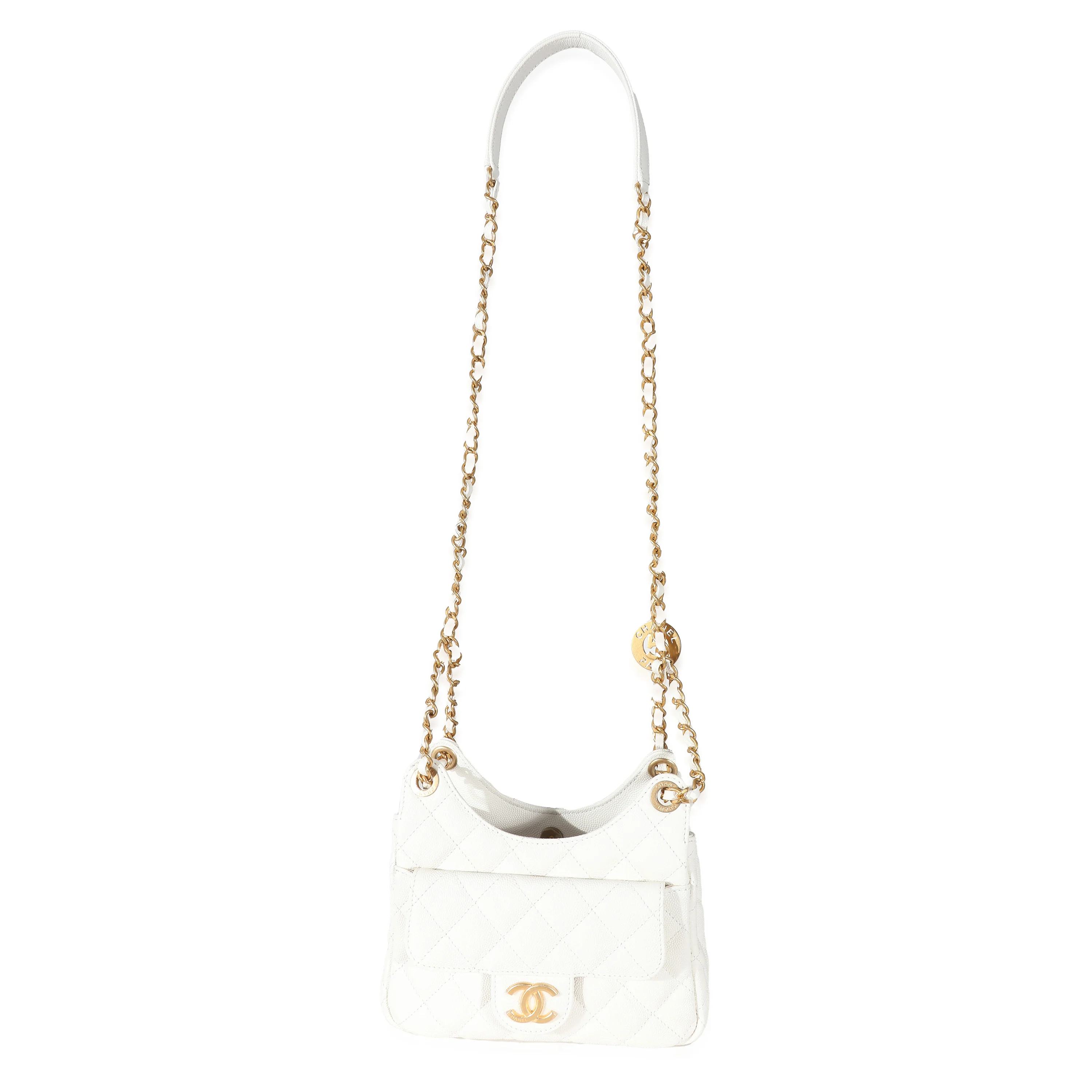 White Quilted Caviar Small Wavy CC Hobo - Image 8