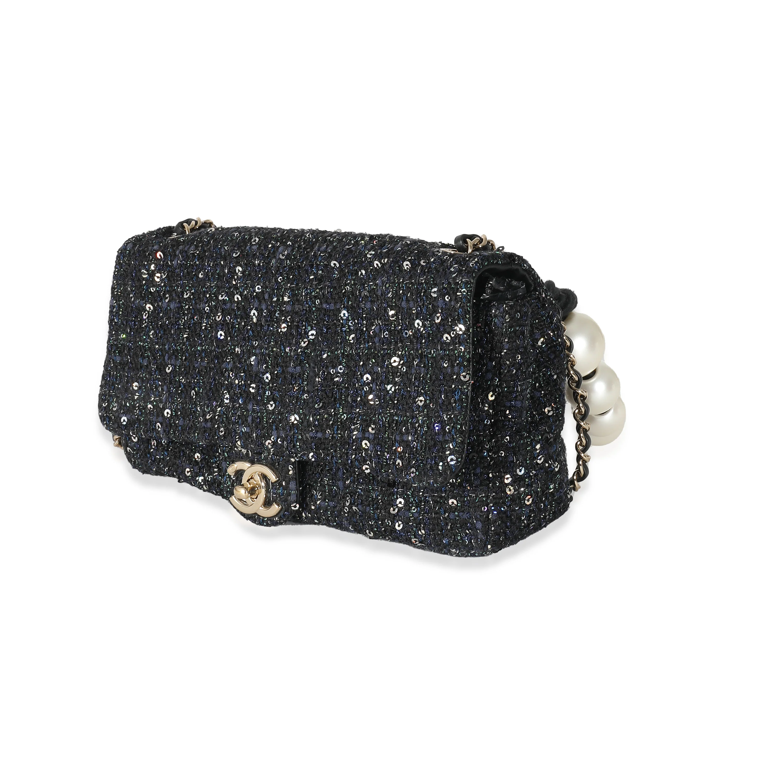 Chanel Black Ecru Tweed Medium Pearl Handle Flap Bag - Image 2