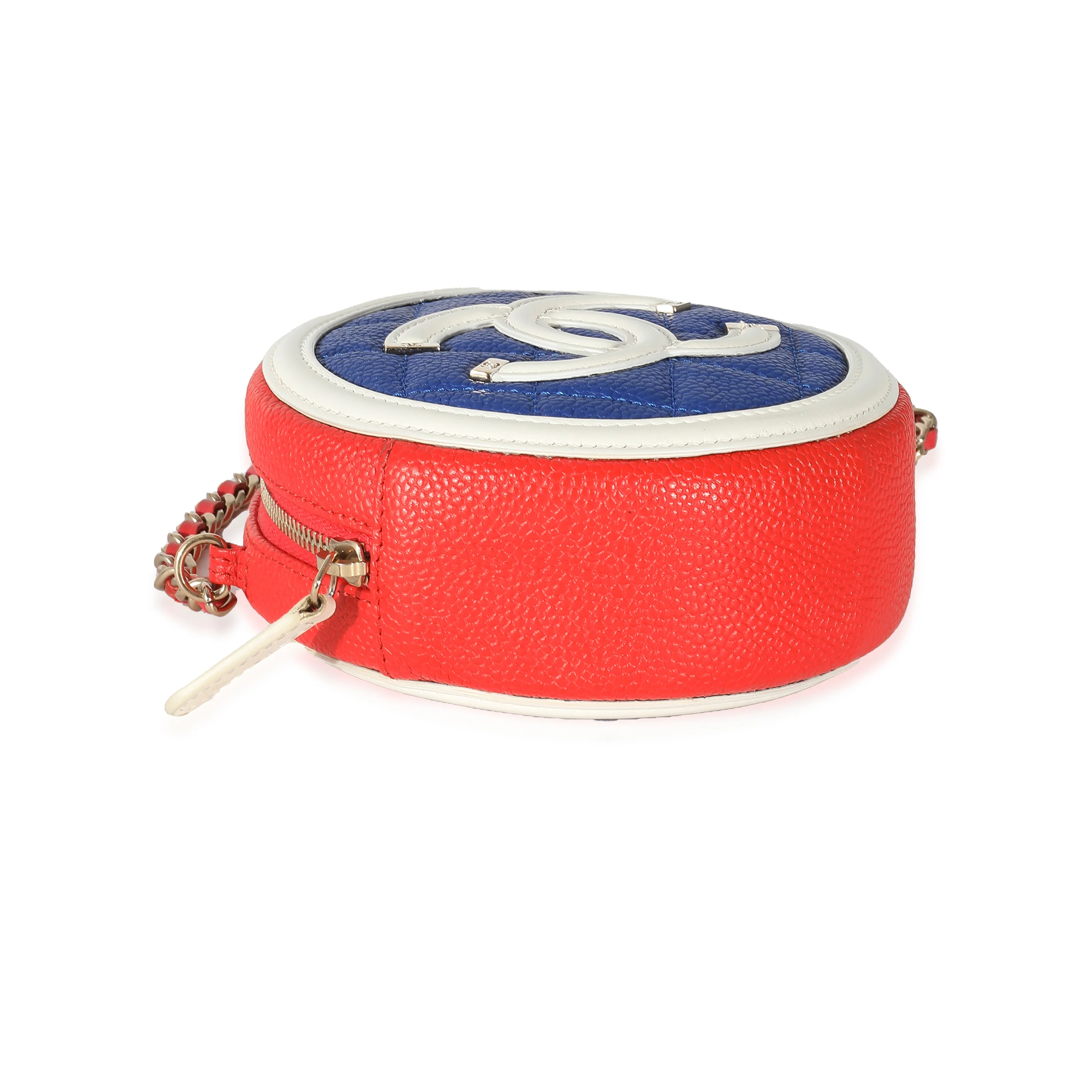 Chanel Blue White Red Caviar CC Filigree Round Clutch With Chain - Image 7