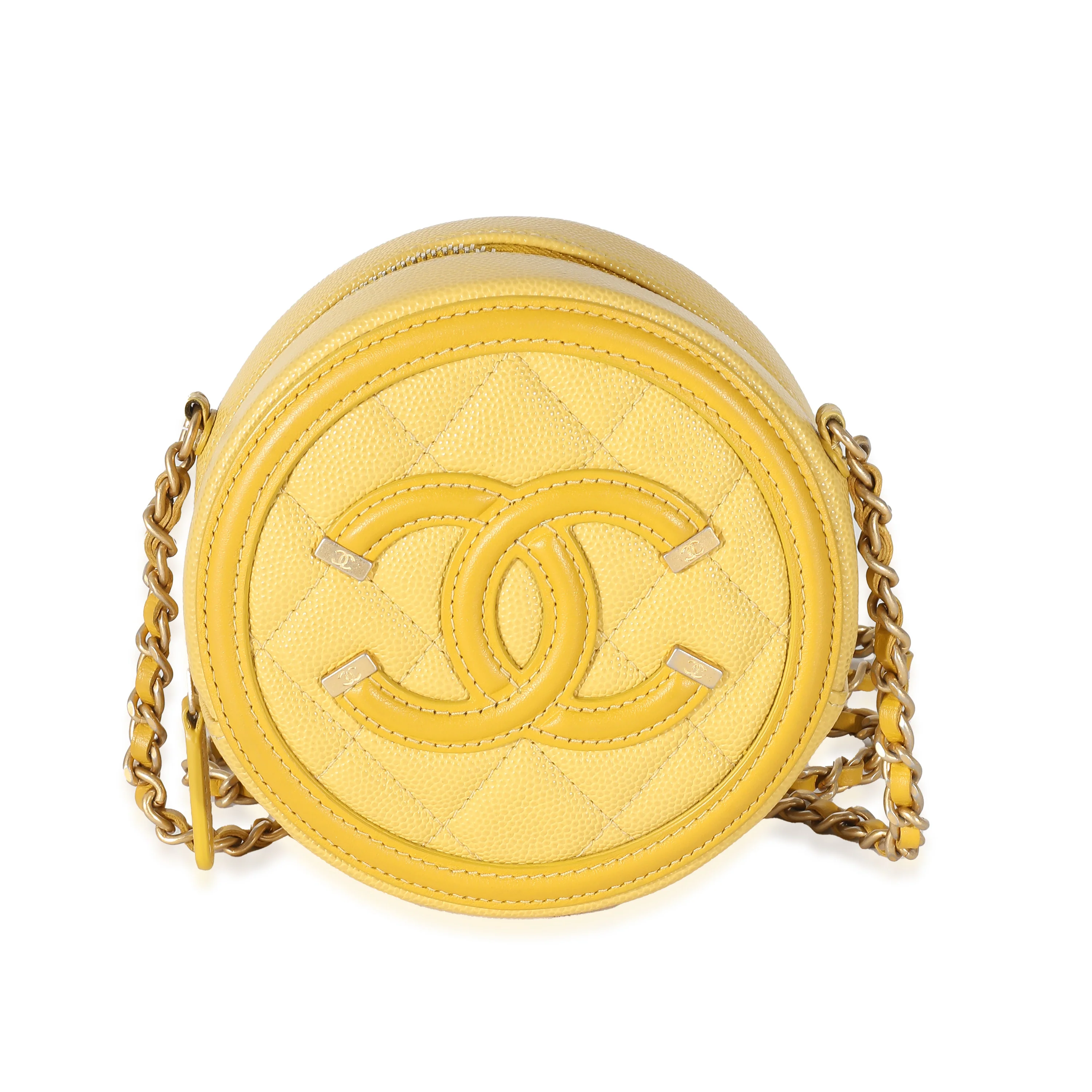 Chanel Yellow Quilted Caviar Filigree Round Clutch With Chain