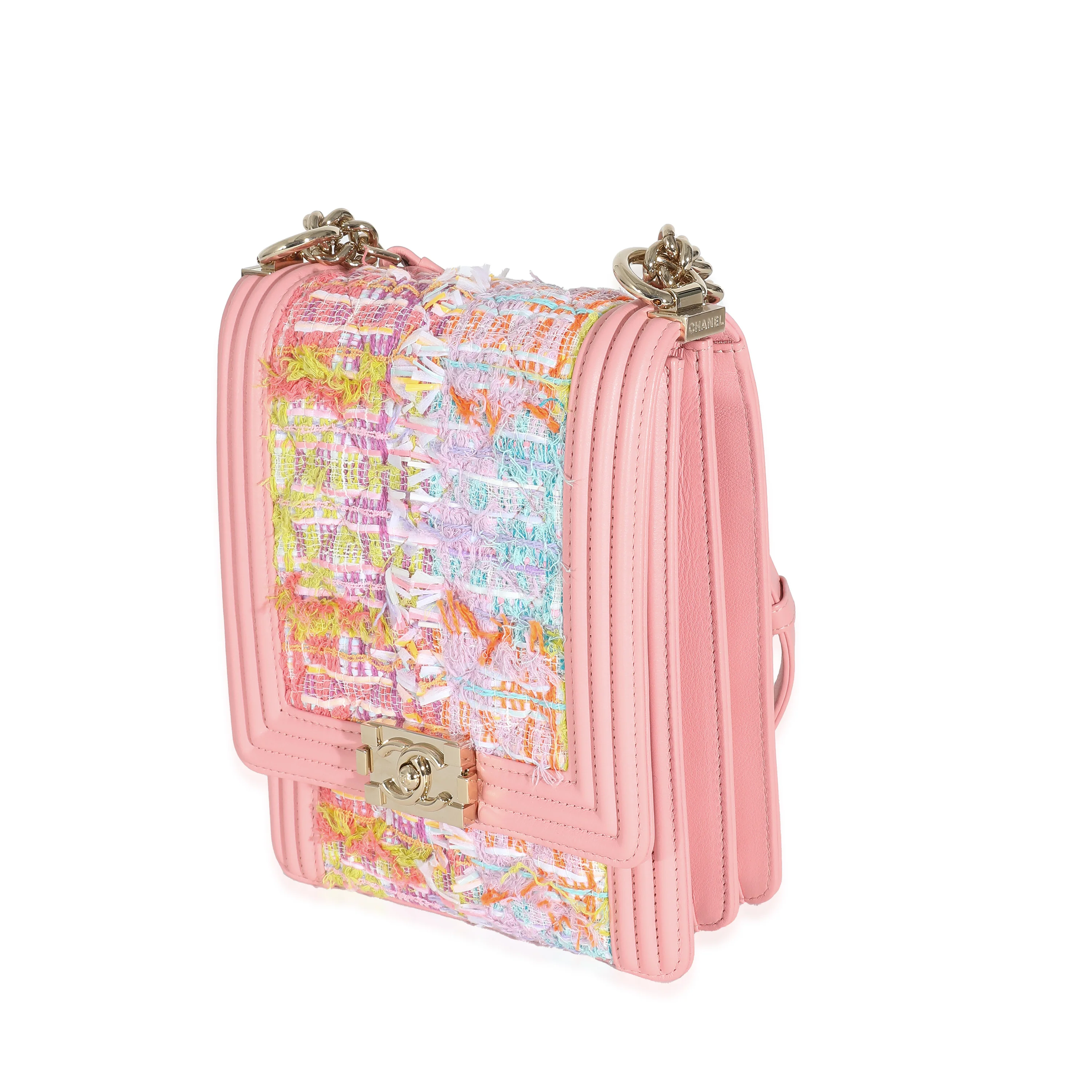 Chanel Pink Lambskin Multicolor Tweed Quilted North South Boy Bag - Image 2