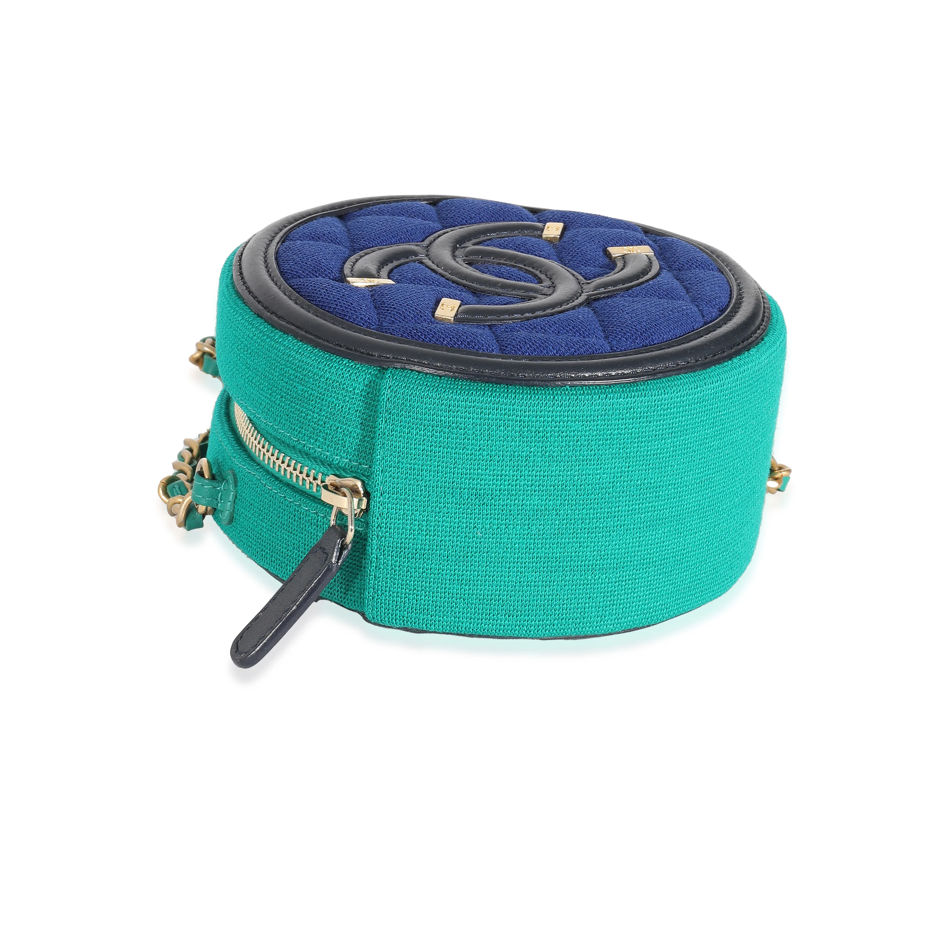 Chanel Blue Green Jersey Quilted Filigree Round Clutch - Image 3