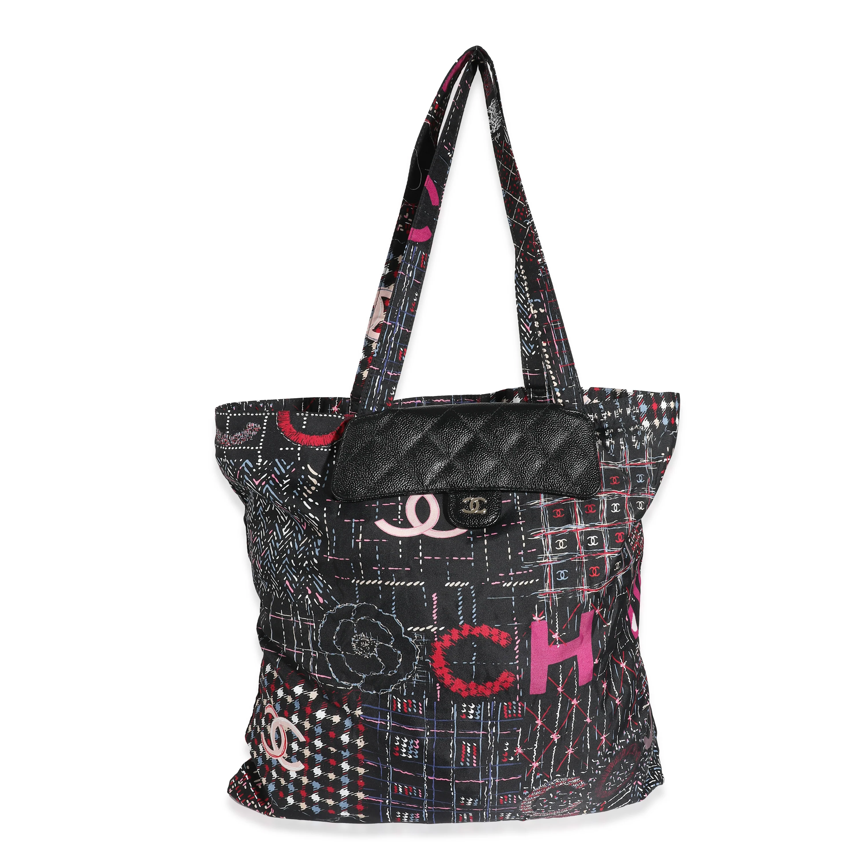 Chanel 22K Black Quilted Caviar Multicolor Nylon Foldable Tote - Image 9