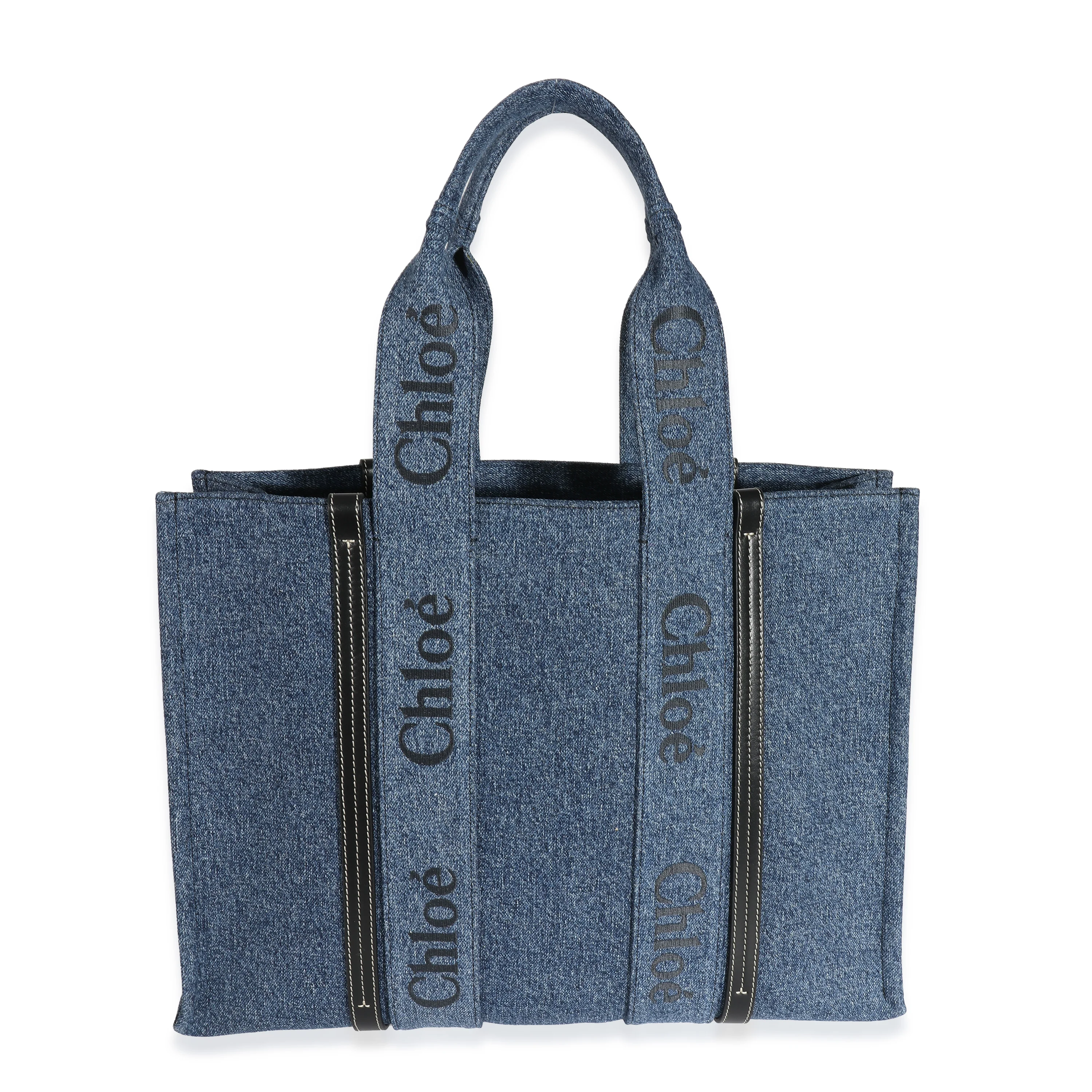 Chloé Navy Deadstock Denim Black Calfskin Large Woody Tote