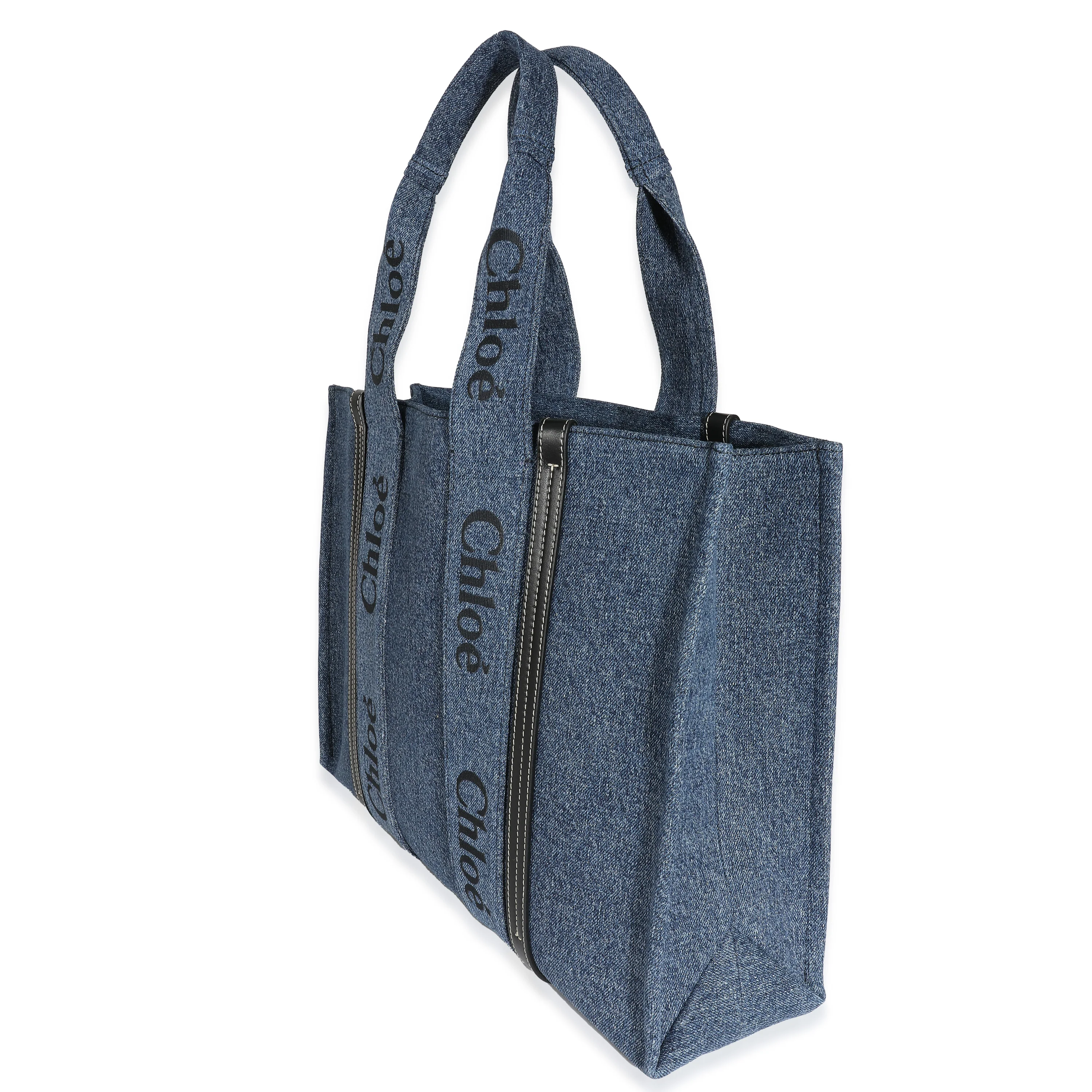 Chloé Navy Deadstock Denim Black Calfskin Large Woody Tote - Image 2