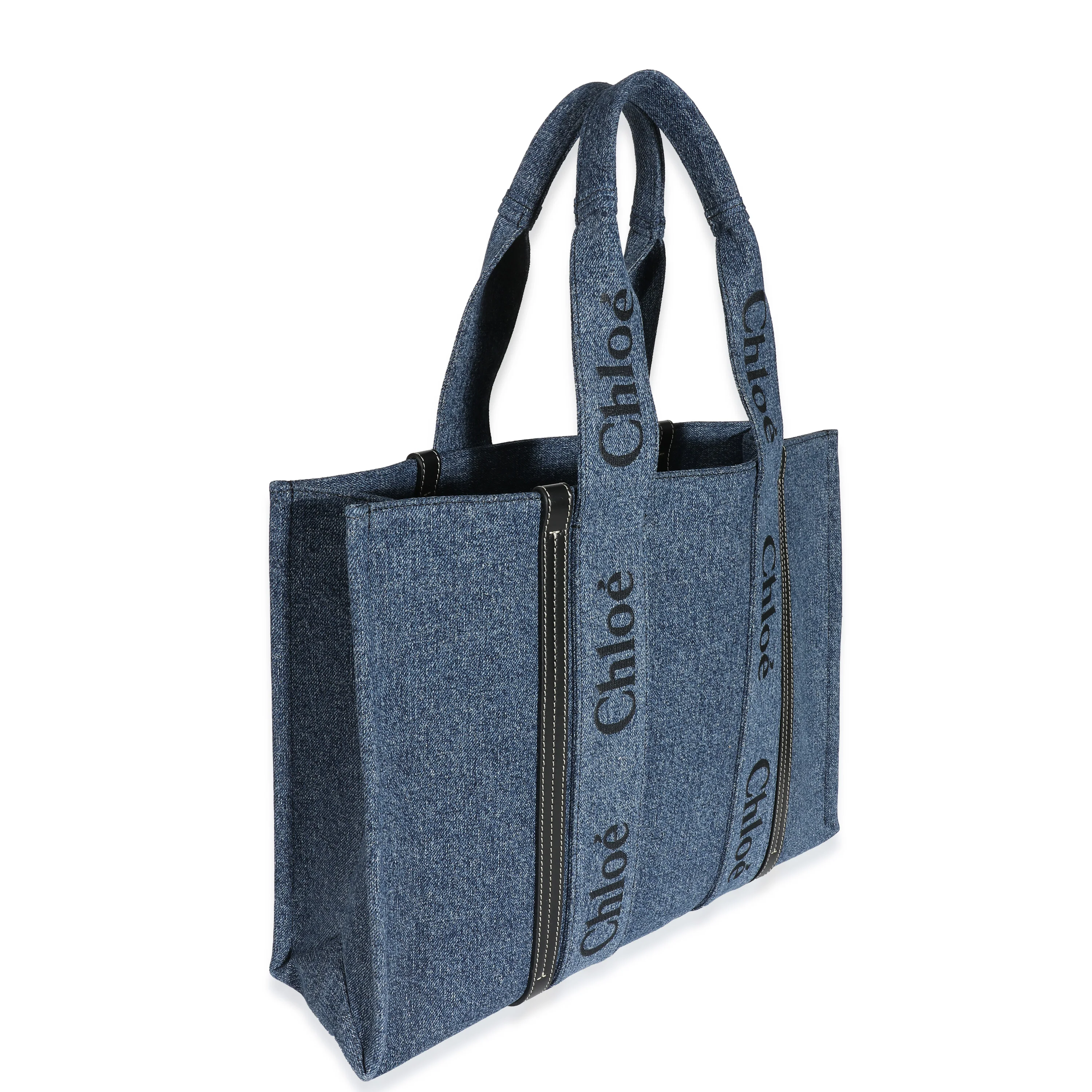 Chloé Navy Deadstock Denim Black Calfskin Large Woody Tote - Image 3