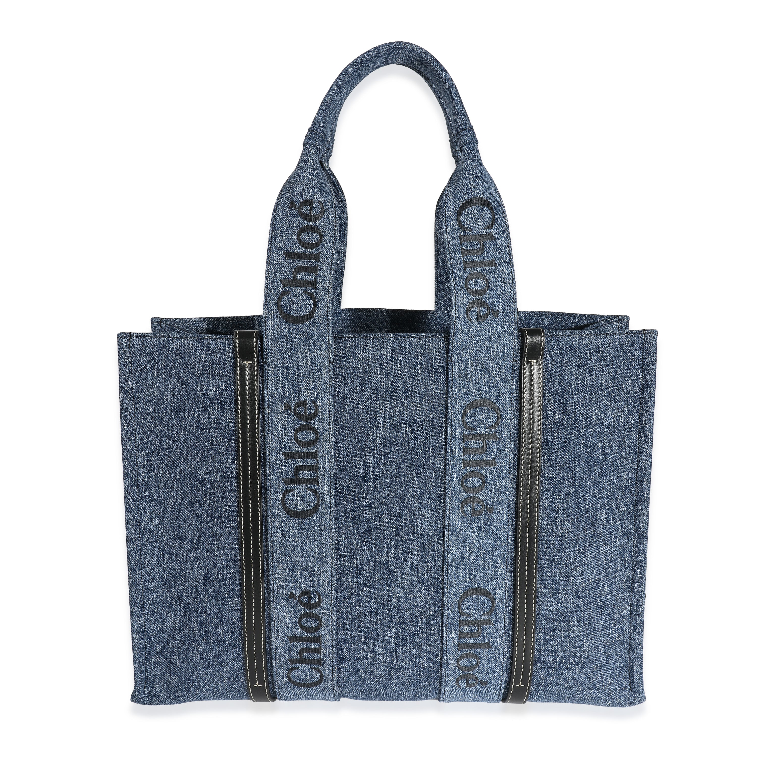 Chloé Navy Deadstock Denim Black Calfskin Large Woody Tote - Image 5