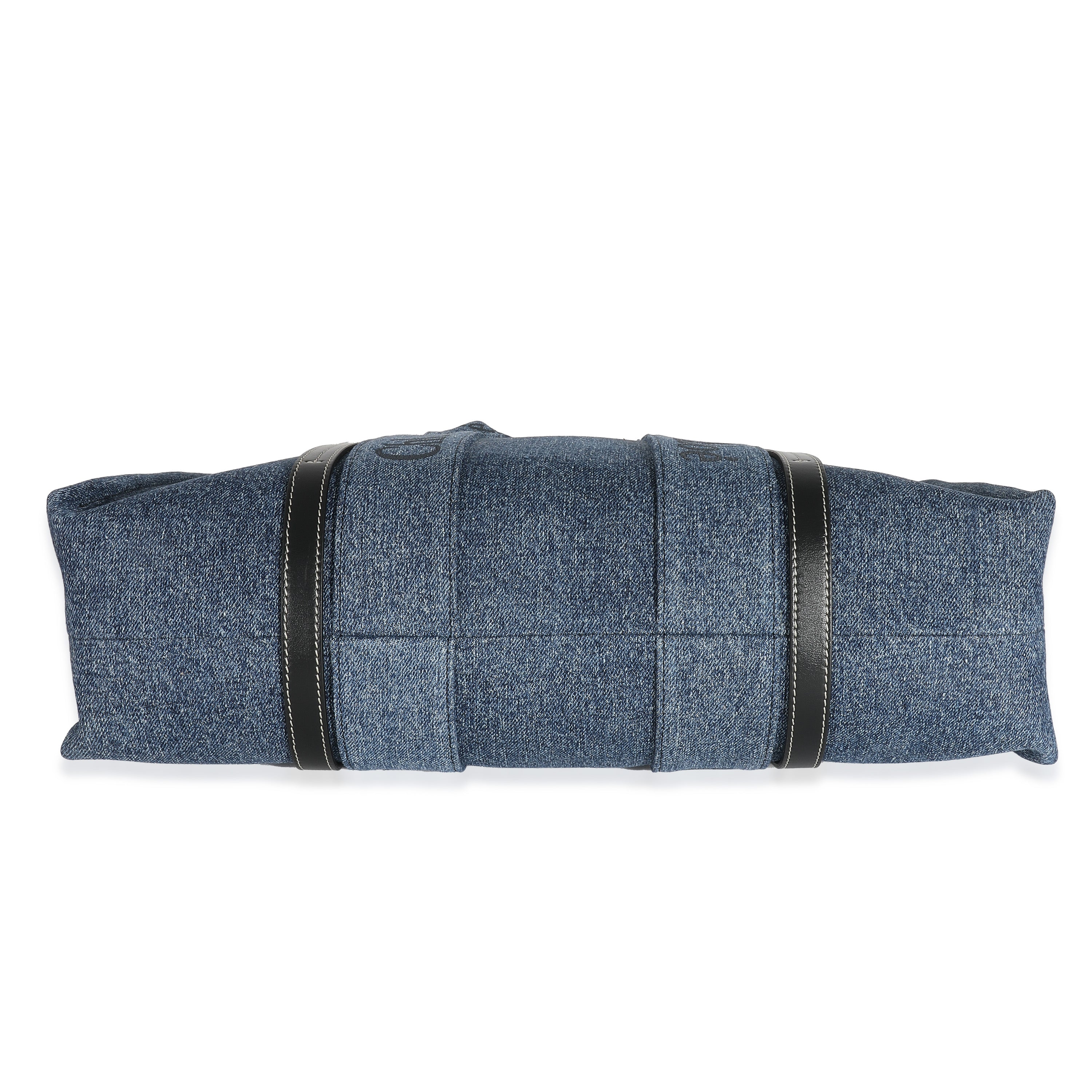 Chloé Navy Deadstock Denim Black Calfskin Large Woody Tote - Image 7