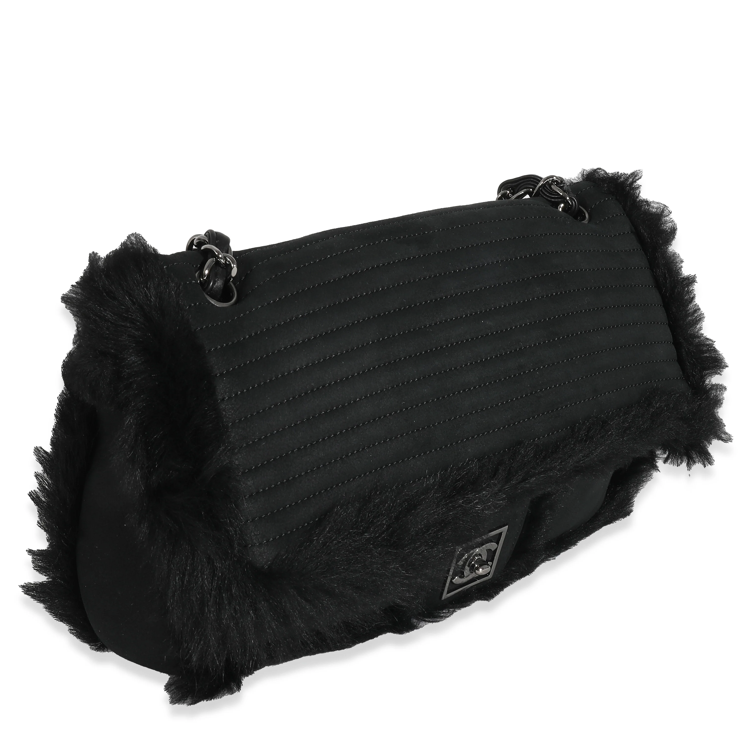 Black Horizontal Stitch Shearling CC Flap Bag - Image 3