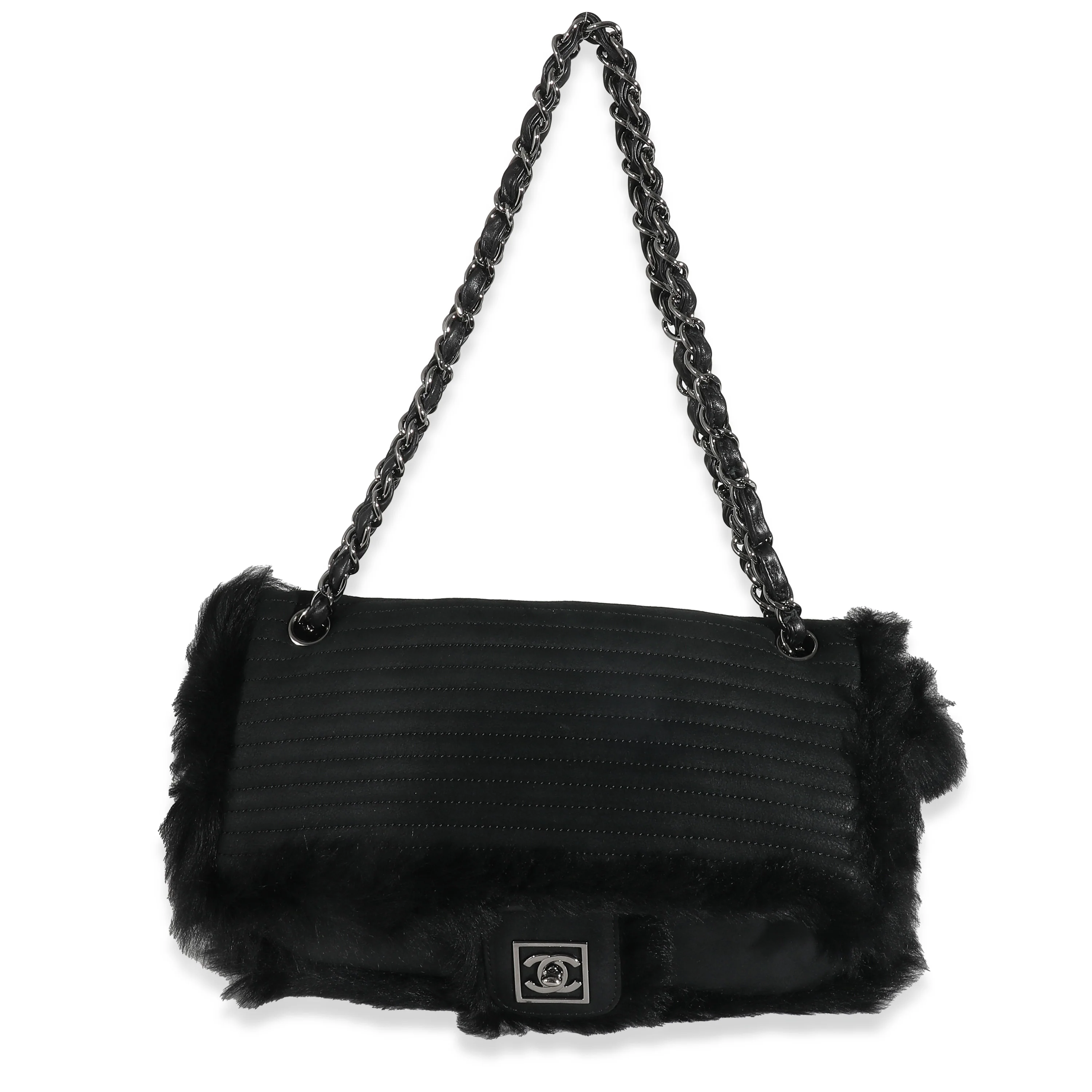 Black Horizontal Stitch Shearling CC Flap Bag - Image 8