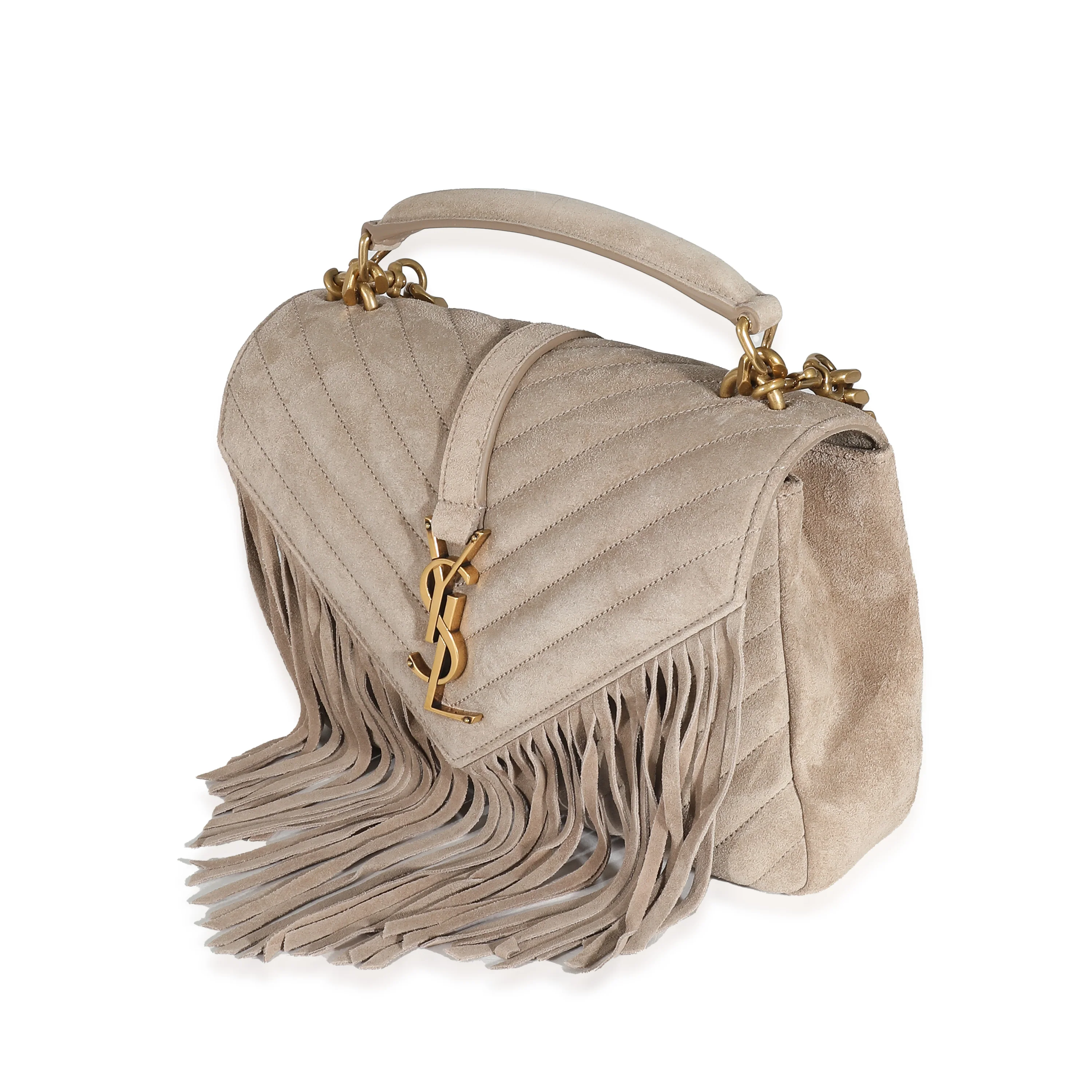 Saint Laurent Beige Suede Matelasse Chevron Fringe Monogram Medium College Bag - Image 3