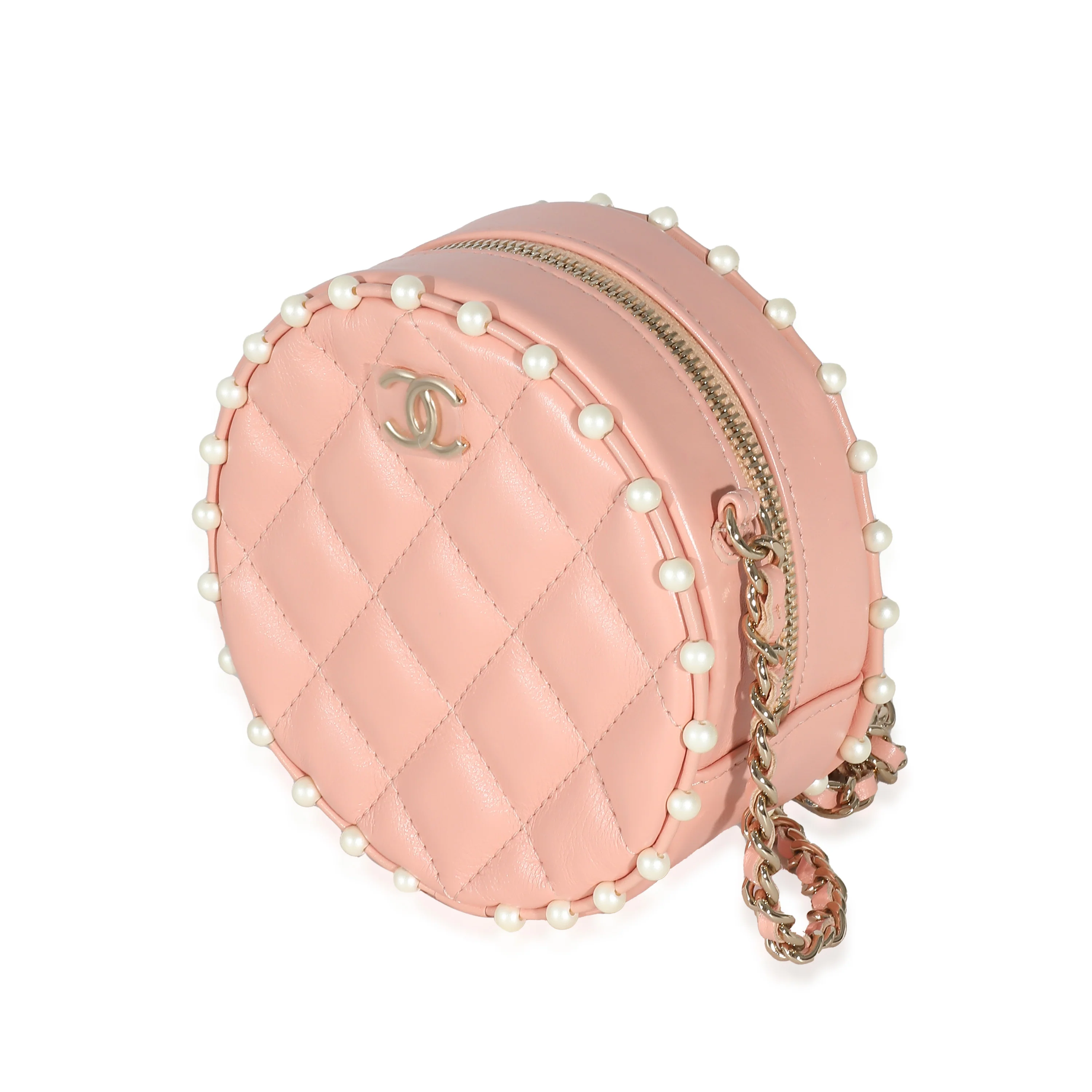 Pink Quilted Calfskin Pearl Round Clutch With Chain - Image 2