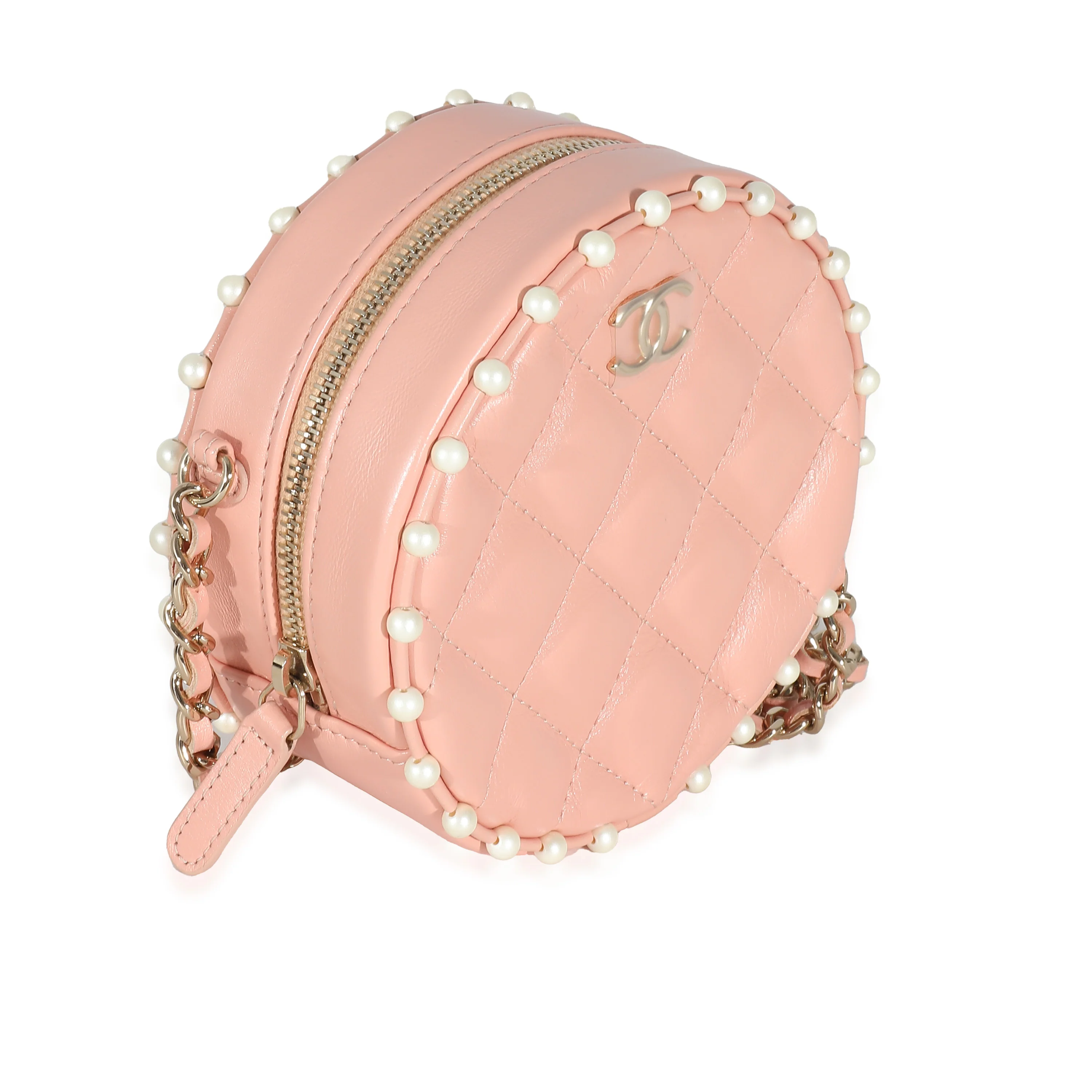 Pink Quilted Calfskin Pearl Round Clutch With Chain - Image 3