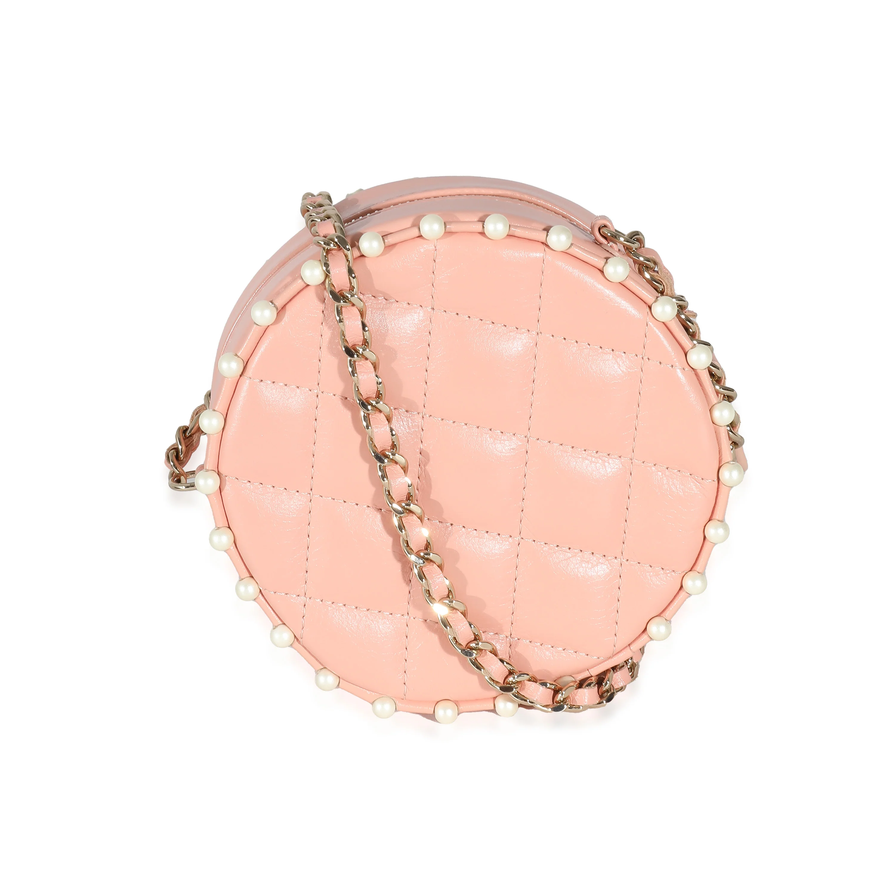 Pink Quilted Calfskin Pearl Round Clutch With Chain - Image 4