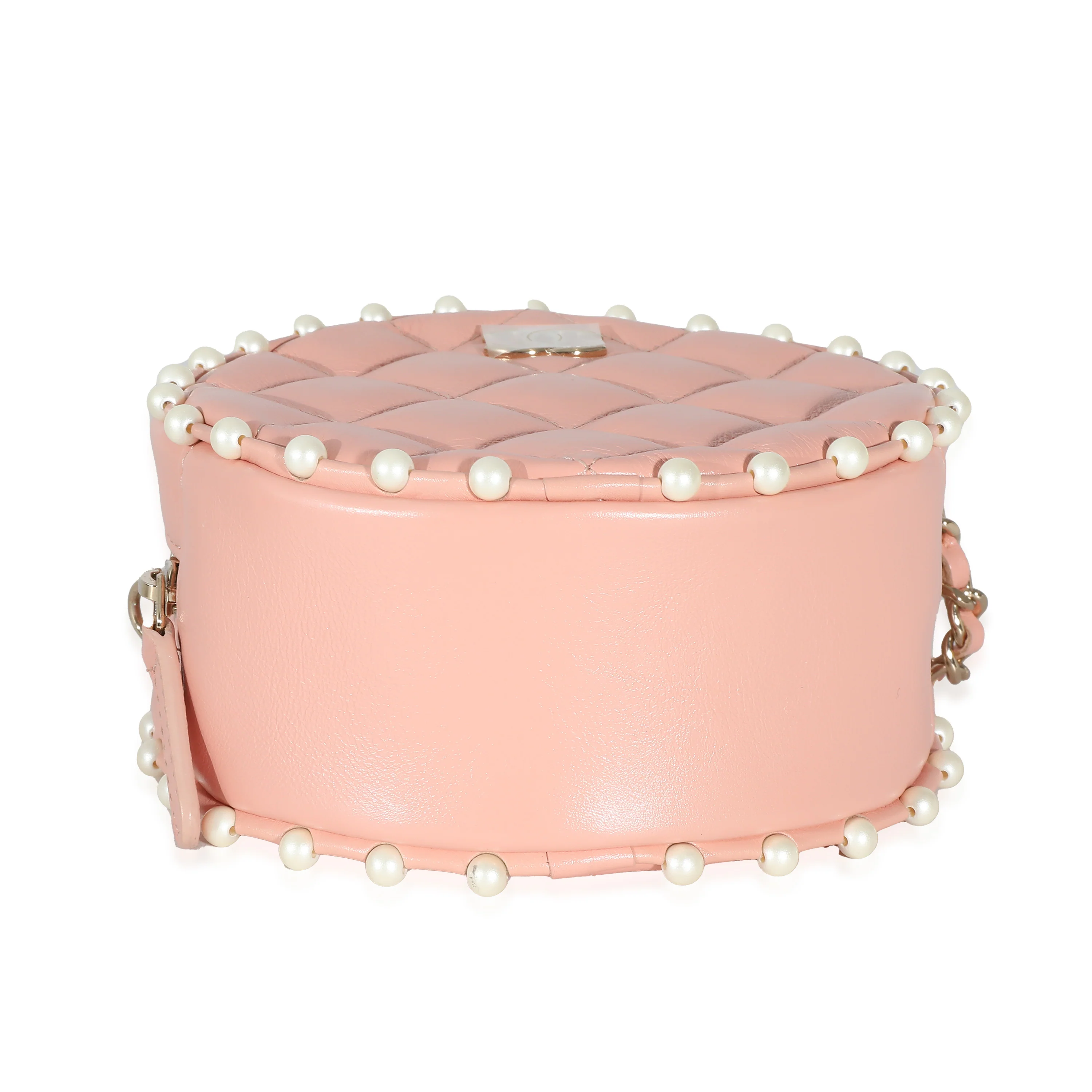 Pink Quilted Calfskin Pearl Round Clutch With Chain - Image 5
