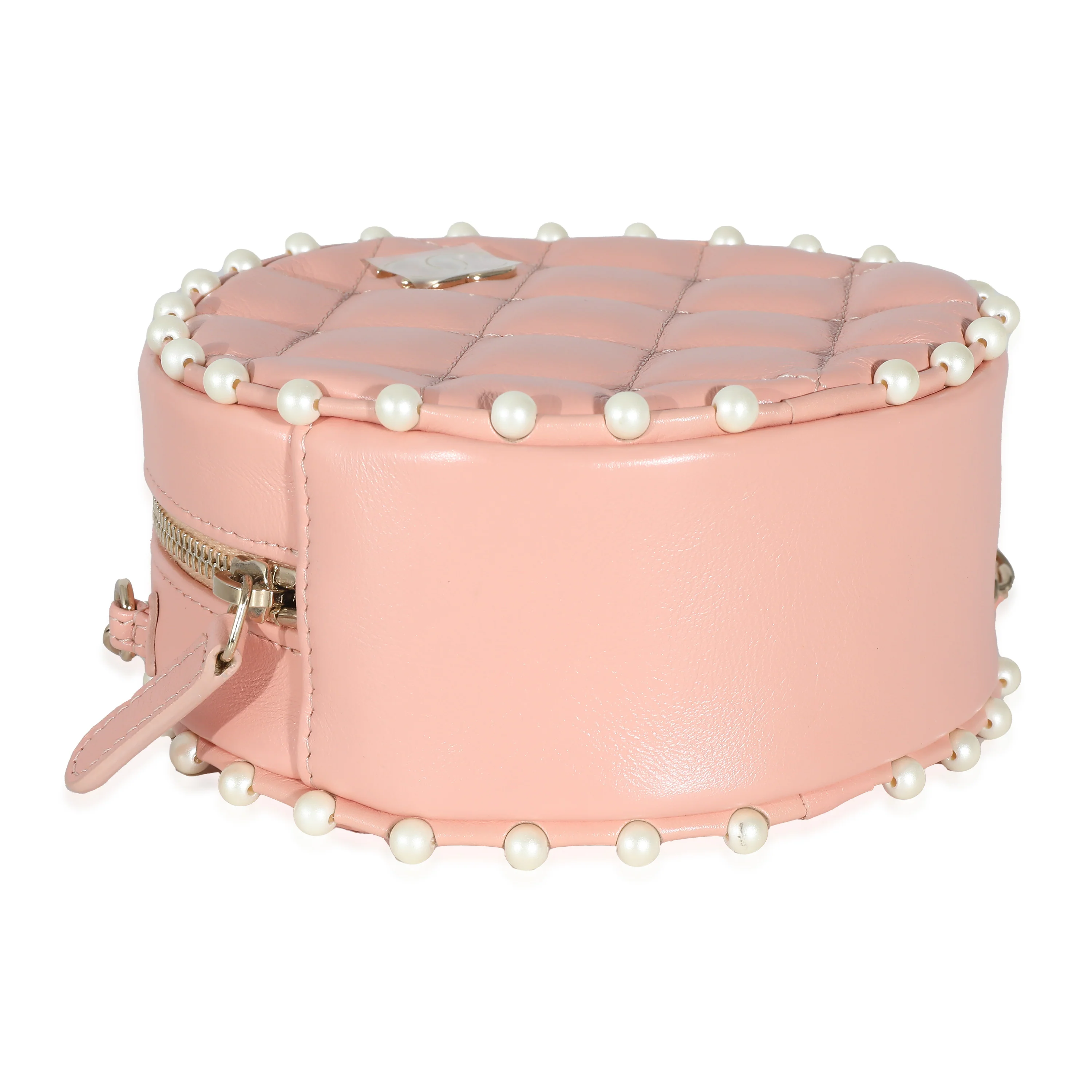 Pink Quilted Calfskin Pearl Round Clutch With Chain - Image 7