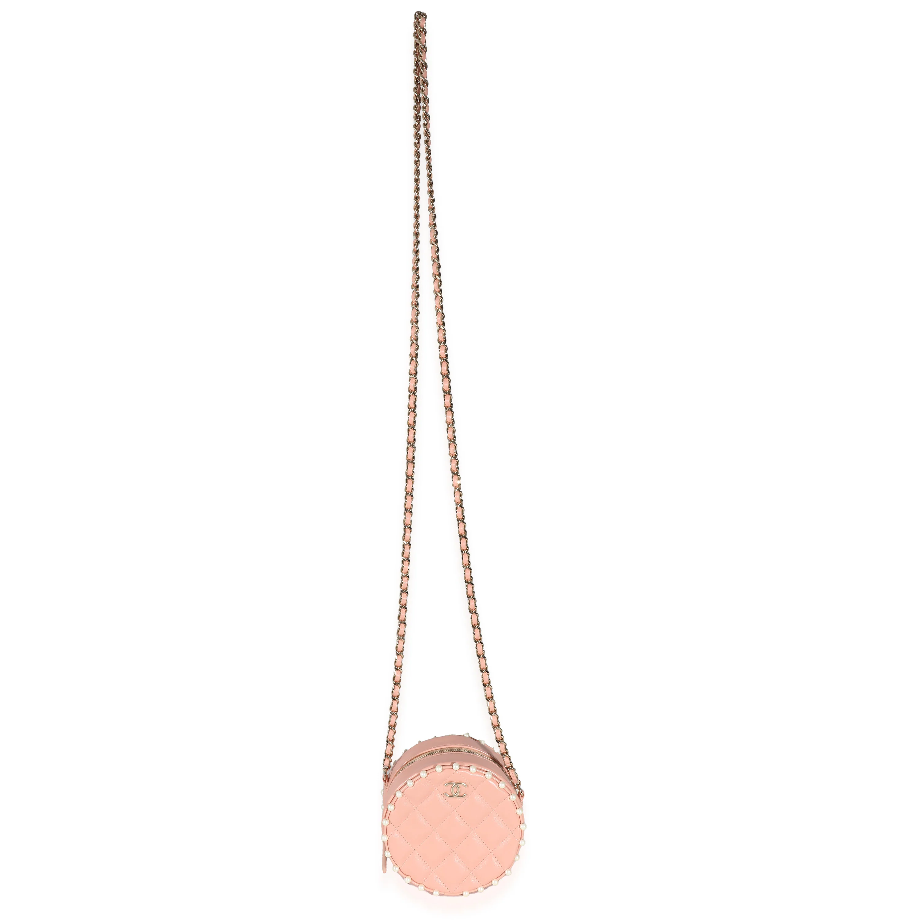 Pink Quilted Calfskin Pearl Round Clutch With Chain - Image 8