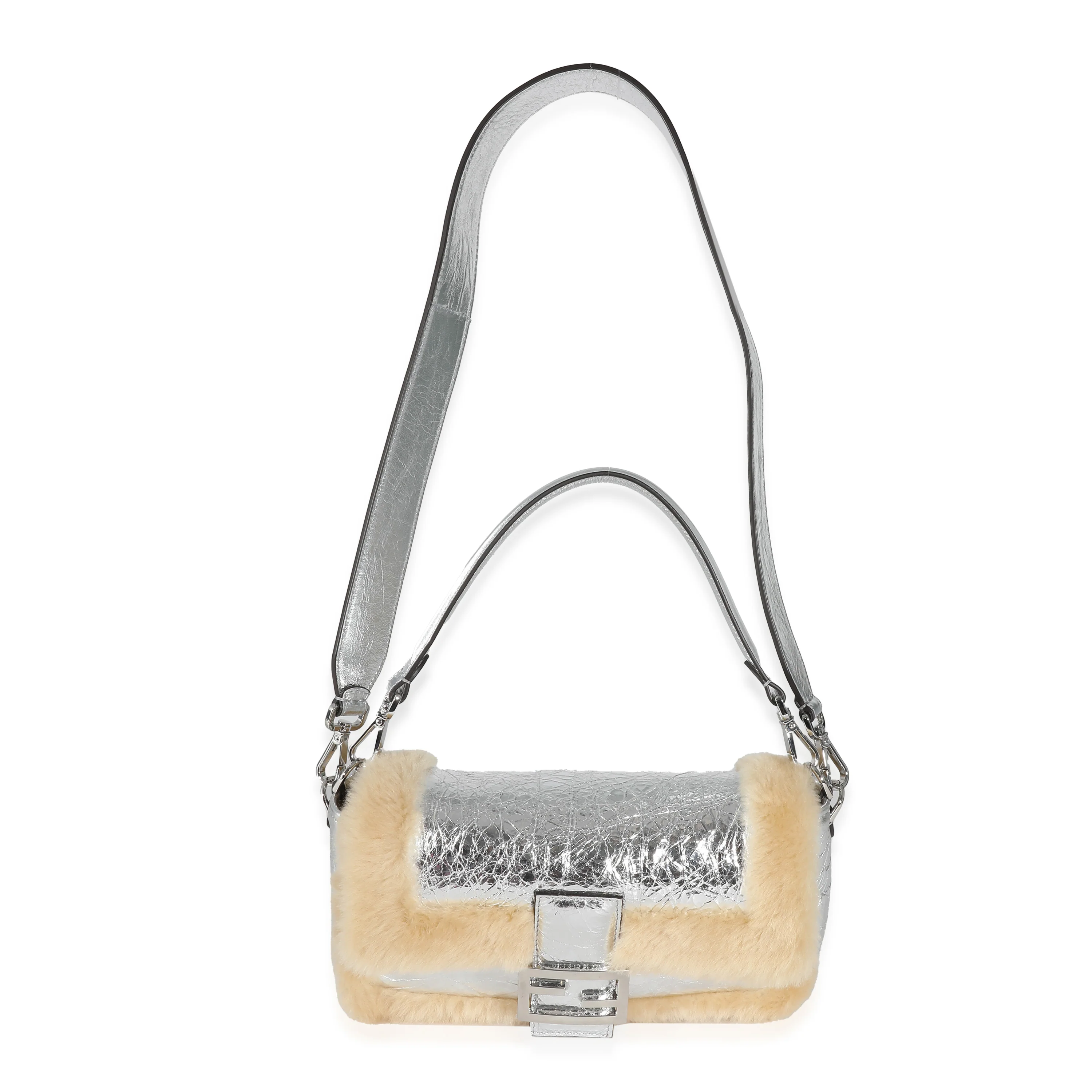 Fendi Craquelé Silver Sheepskin Medium Iconic Baguette Bag - Image 5