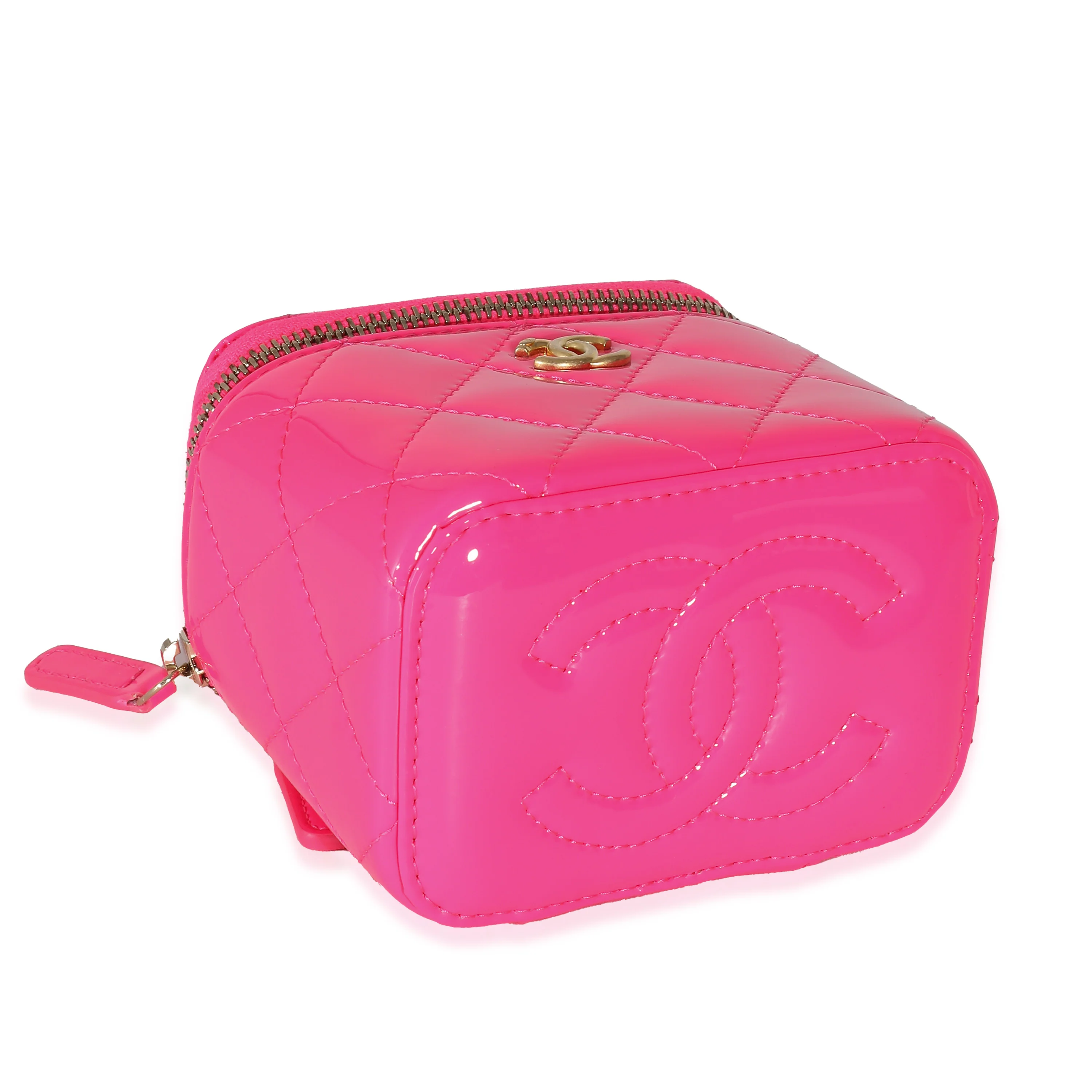 Neon Pink Quilted Patent Pearl Crush Mini Vanity Case - Image 8